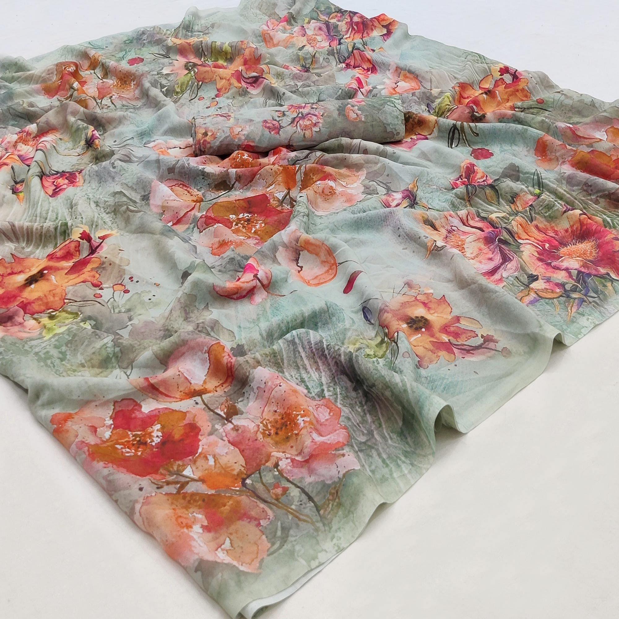 Turquoise Casual Wear Floral Printed Georgette Saree - Peachmode