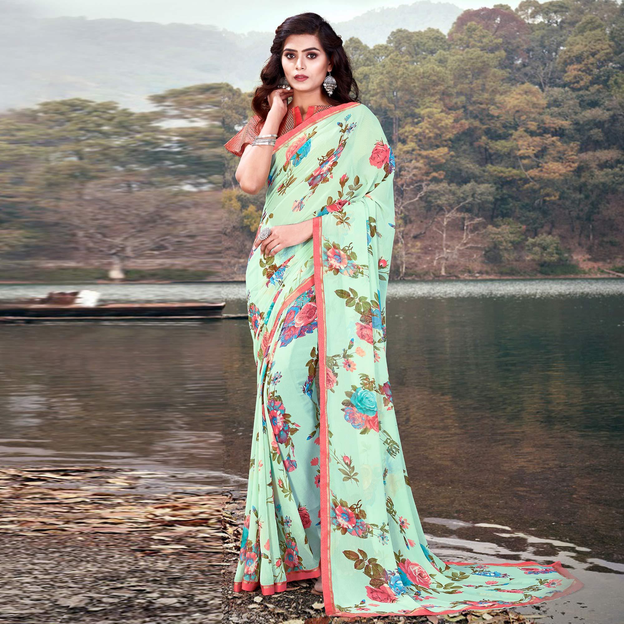 Turquoise Casual Wear Floral Printed With Lace Border Weightless Georgette Saree - Peachmode
