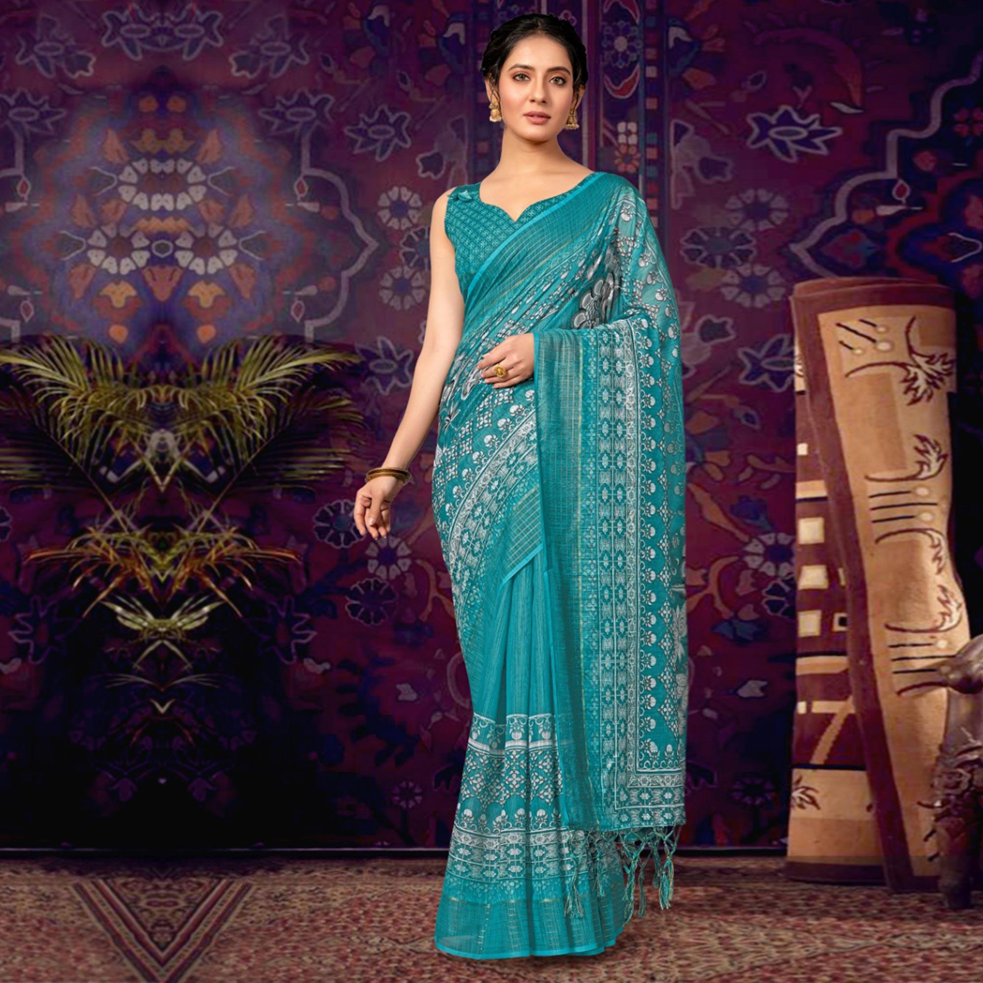 Turquoise Casual Wear Floral Soft Cotton Saree - Peachmode