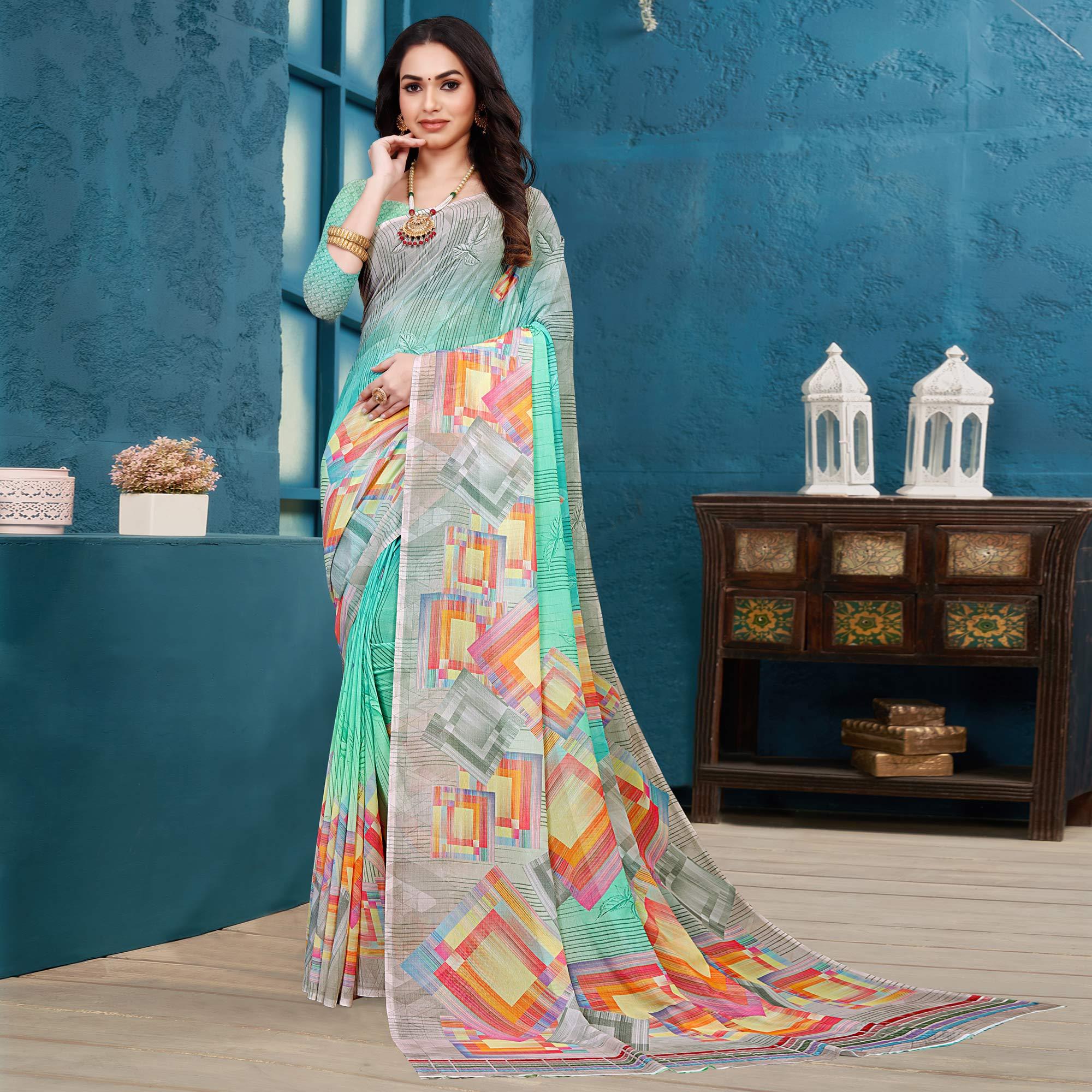 Turquoise Casual Wear Geometric Printed Georgette Saree - Peachmode