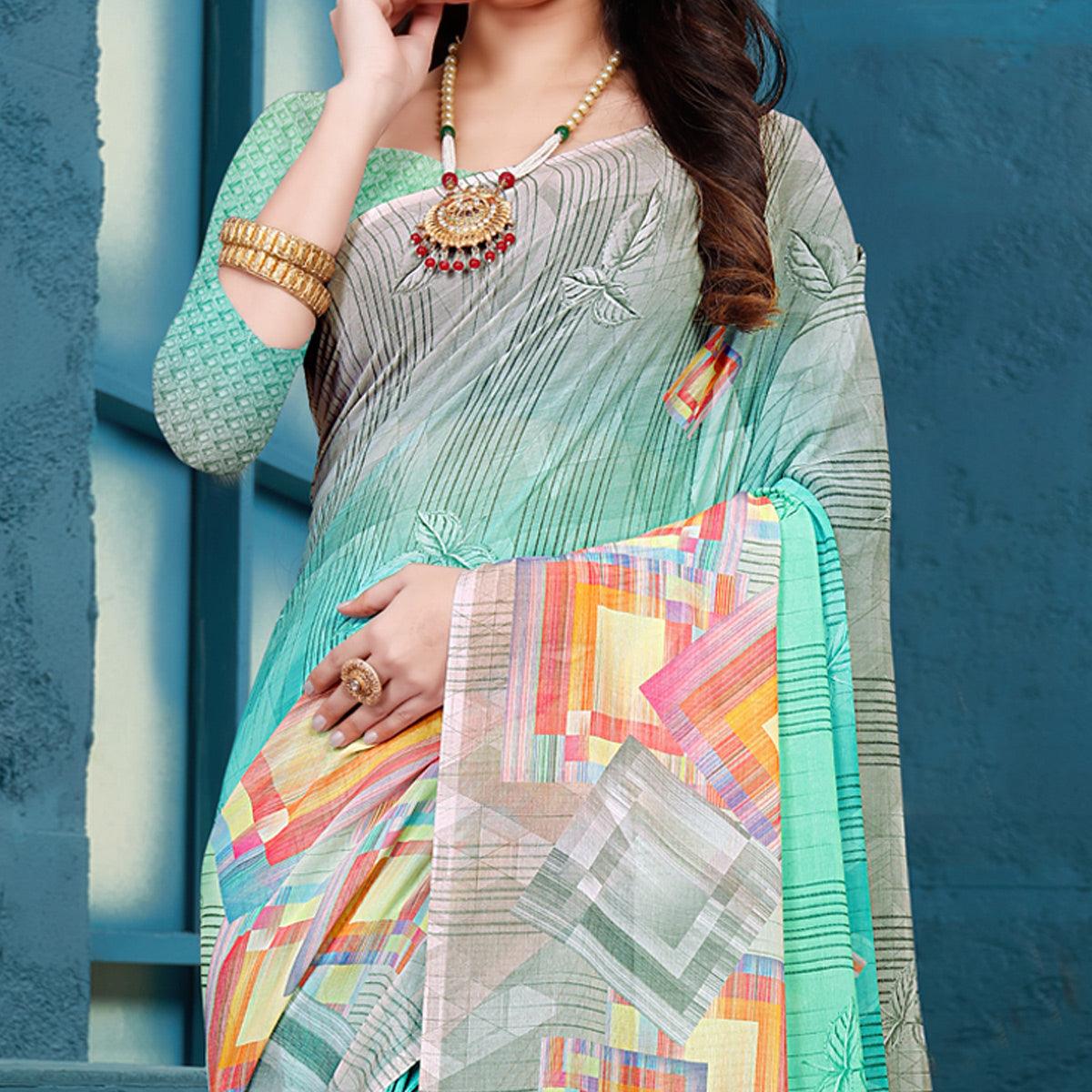 Turquoise Casual Wear Geometric Printed Georgette Saree - Peachmode