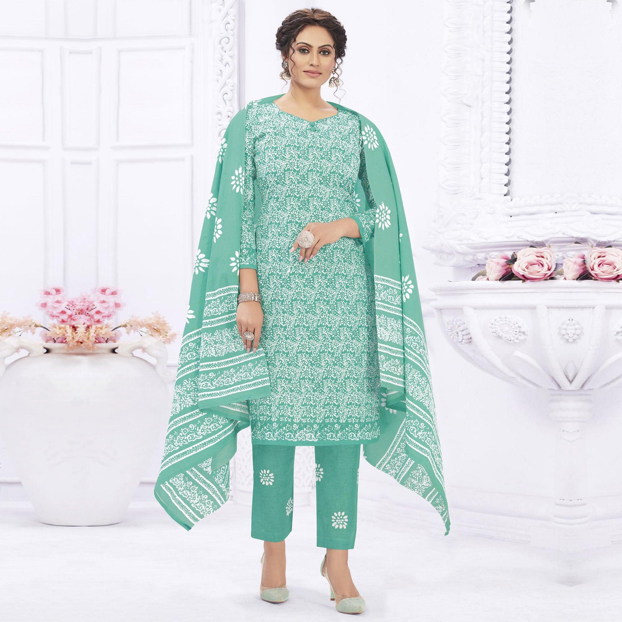 Turquoise Casual Wear Printed Cotton Dress Material - Peachmode