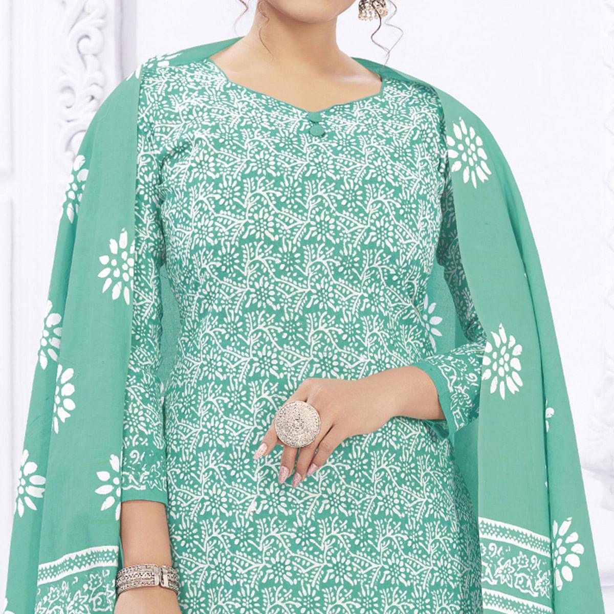 Turquoise Casual Wear Printed Cotton Dress Material - Peachmode