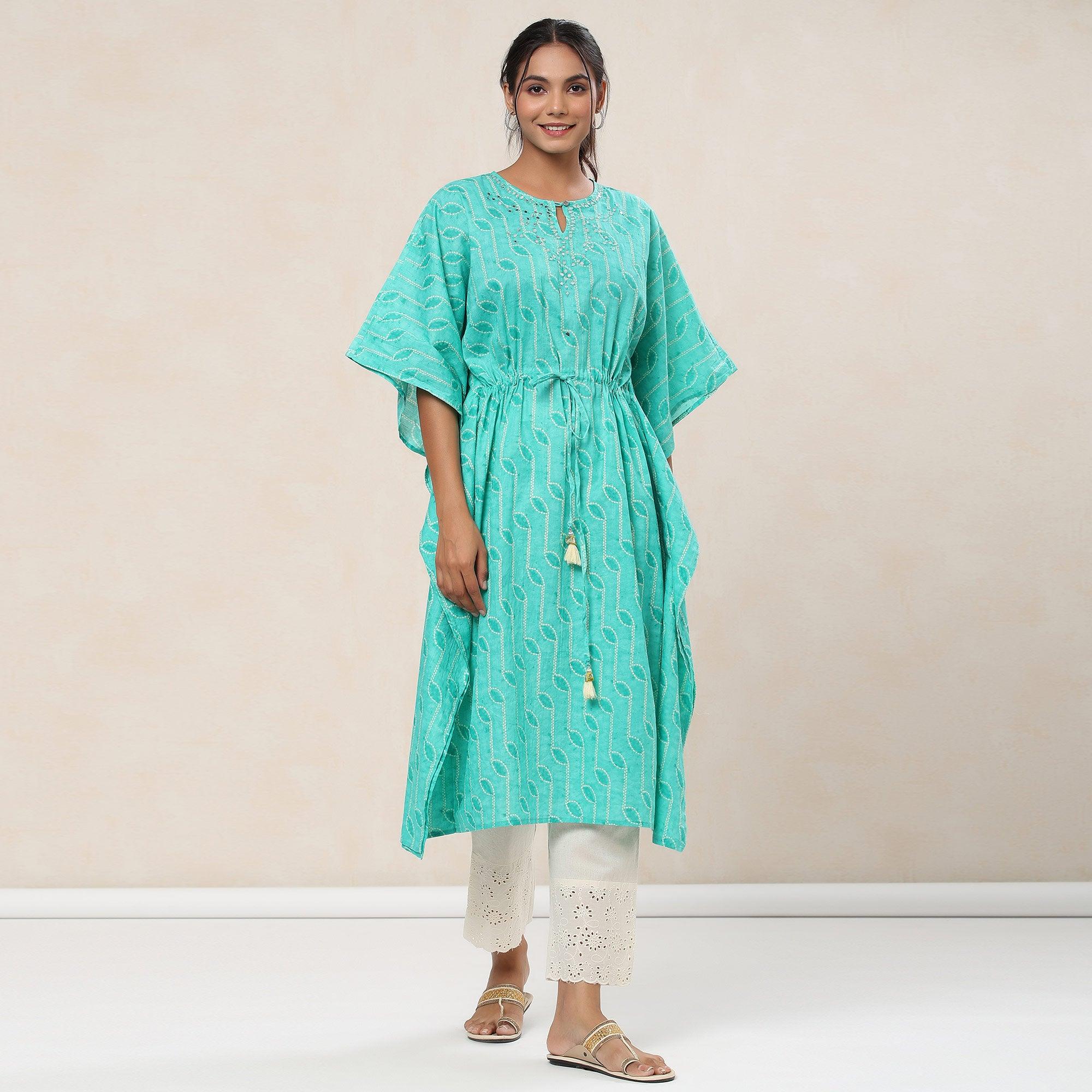 Turquoise Casual Wear Printed Cotton Kaftan - Pant Set - Peachmode