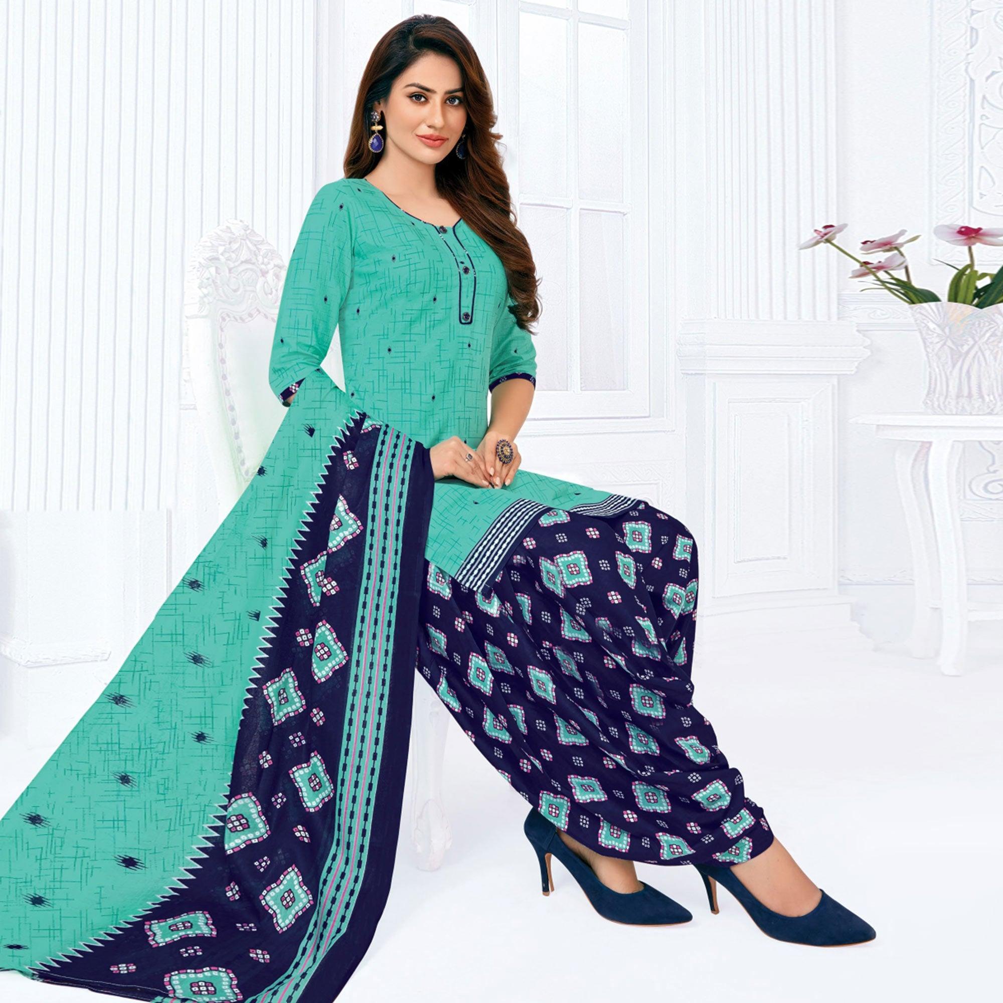 Turquoise Casual Wear Printed Cotton Patiala Dress Material - Peachmode