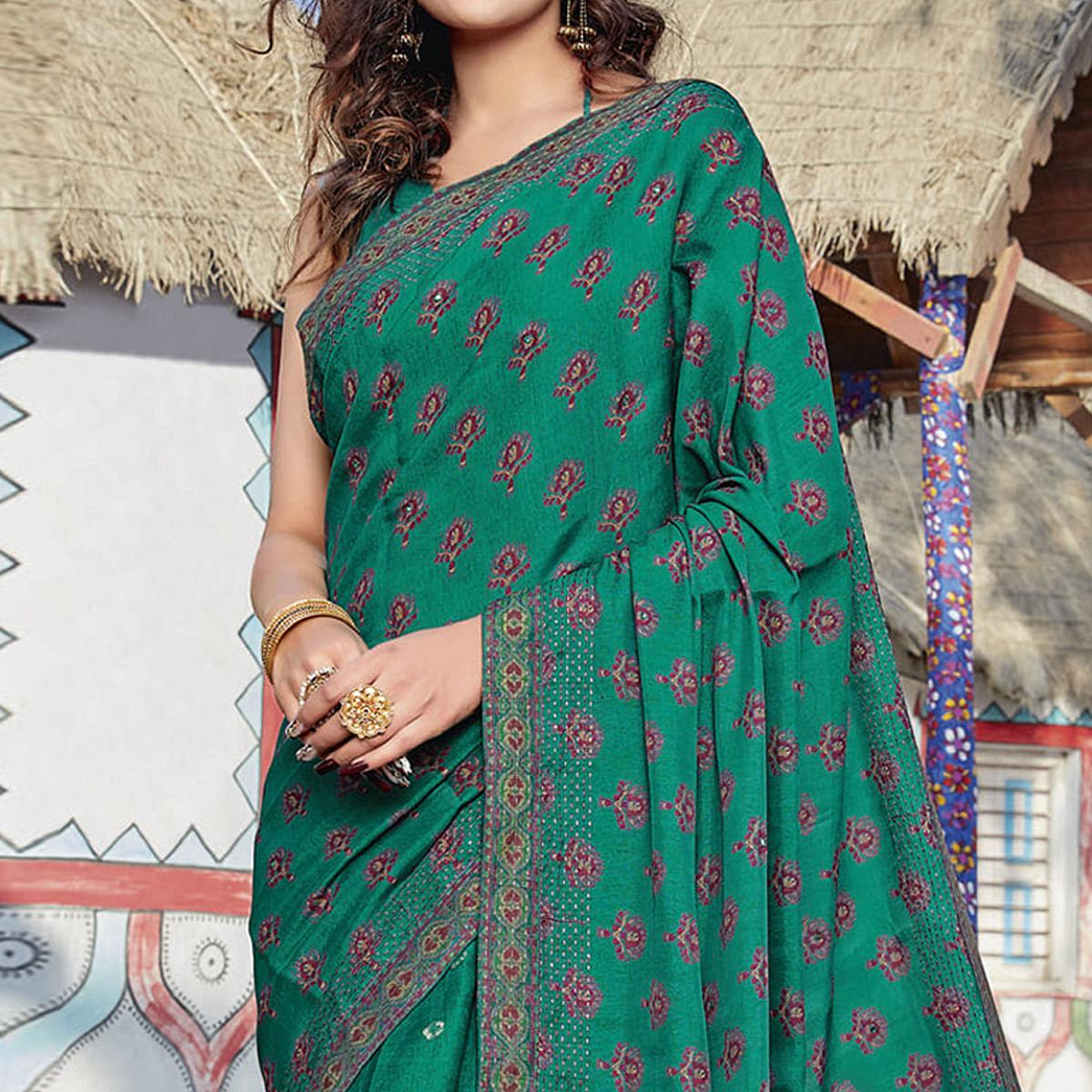 Turquoise Casual Wear Printed Cotton Silk Saree - Peachmode