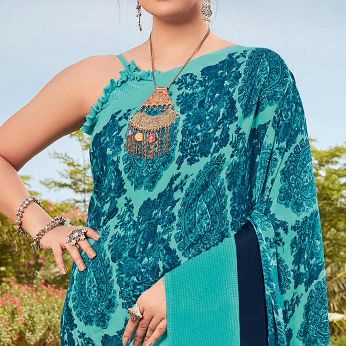 Turquoise Casual Wear Printed Crepe Saree - Peachmode