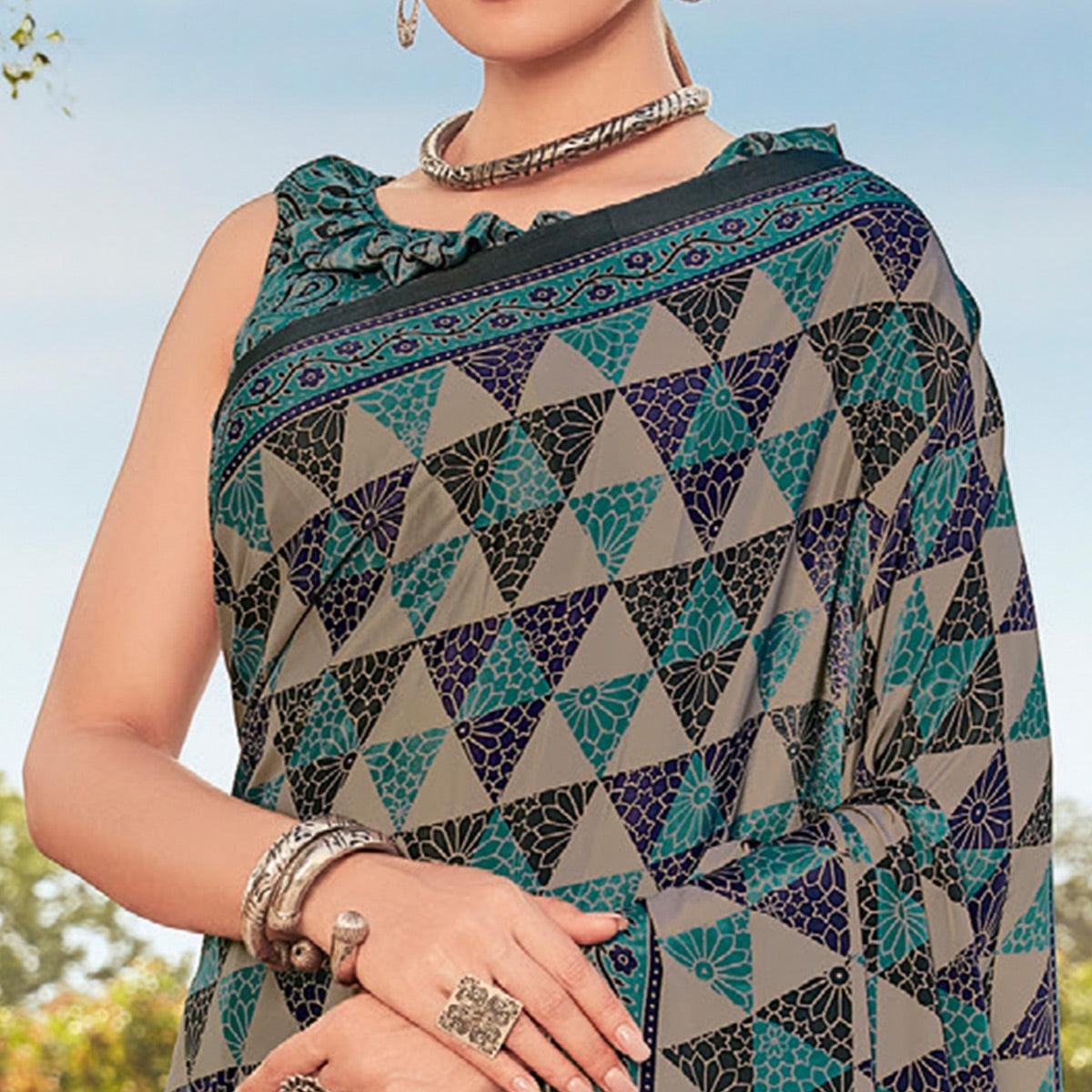 Turquoise Casual Wear Printed Crepe Saree - Peachmode
