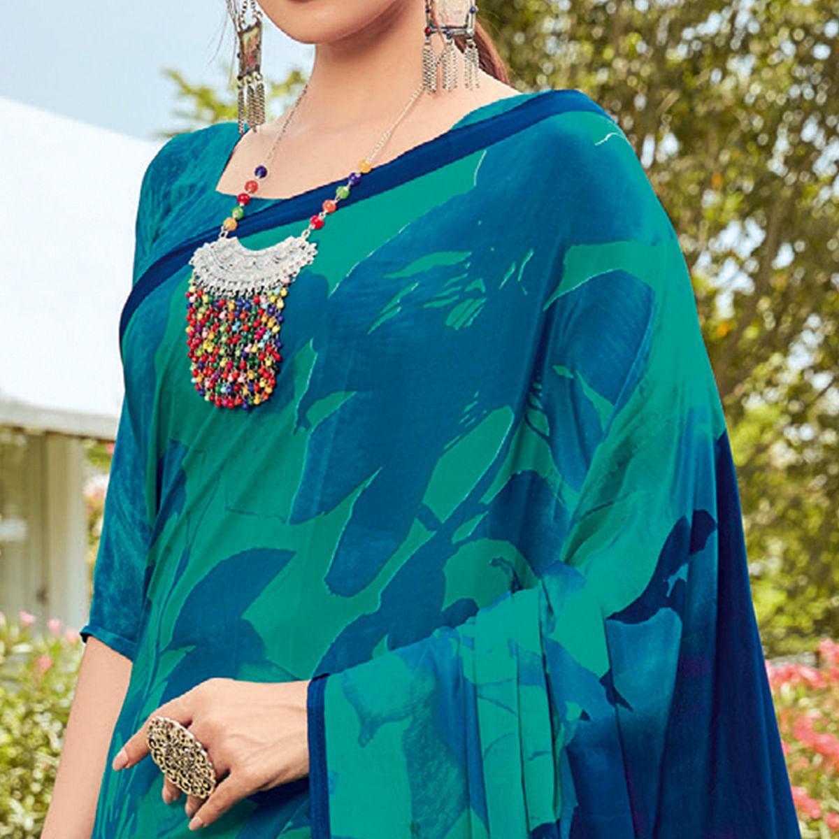 Turquoise Casual Wear Printed Crepe Saree - Peachmode