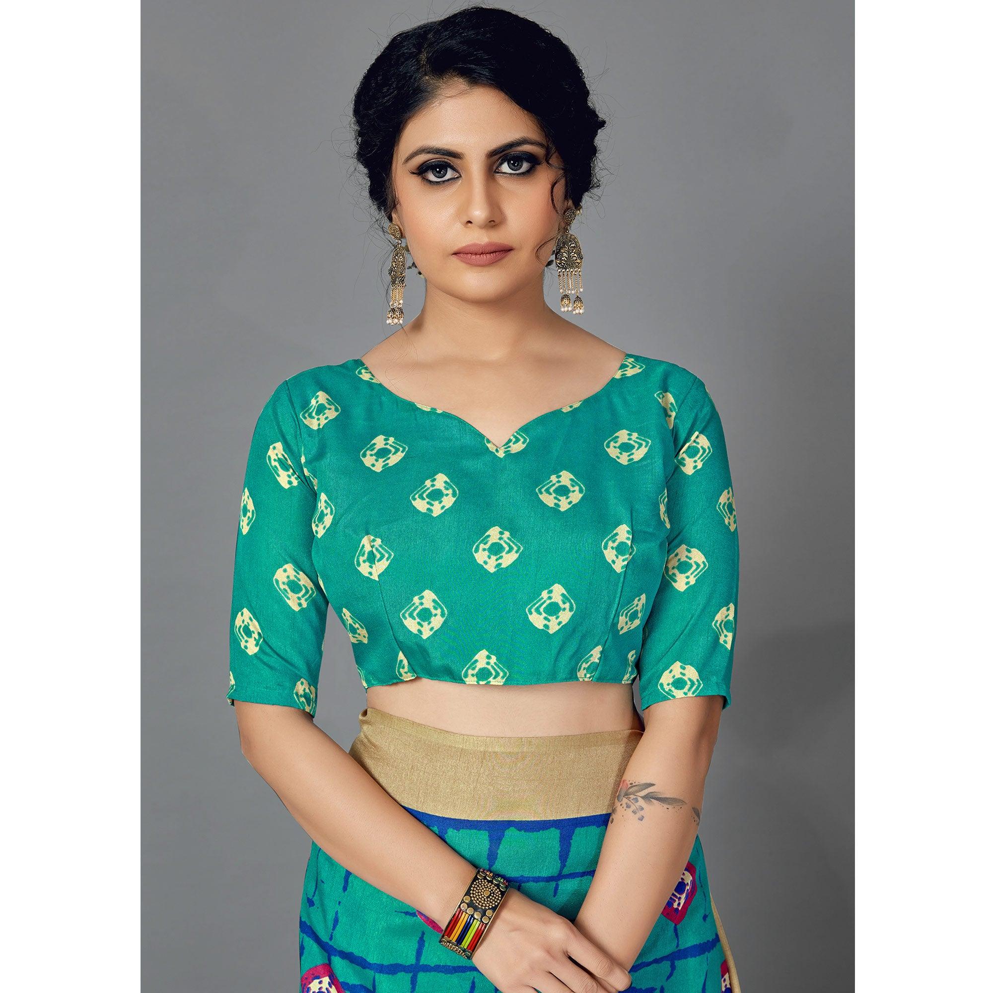 Turquoise Casual Wear Printed Dhapa Silk Saree - Peachmode
