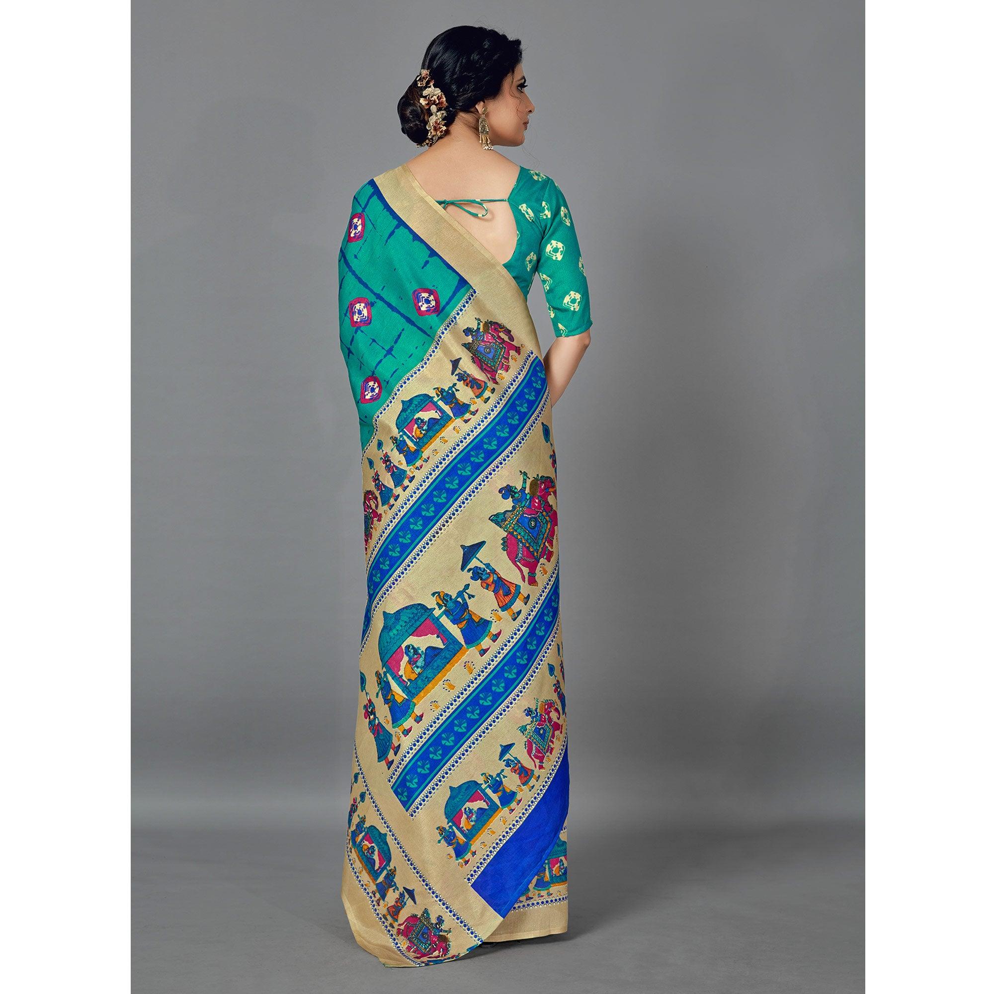 Turquoise Casual Wear Printed Dhapa Silk Saree - Peachmode