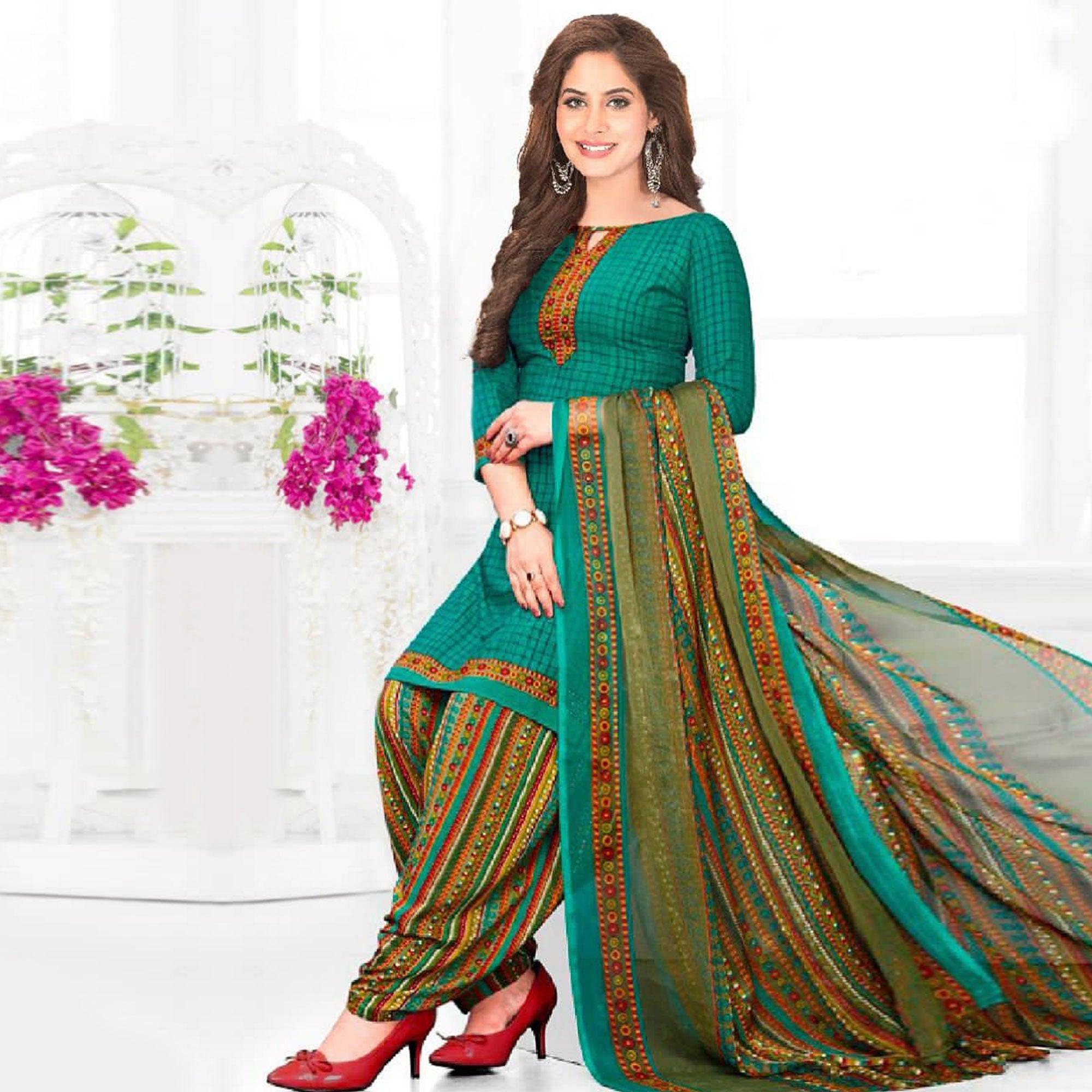 Turquoise Casual Wear Printed Leon Patiala Dress Material - Peachmode