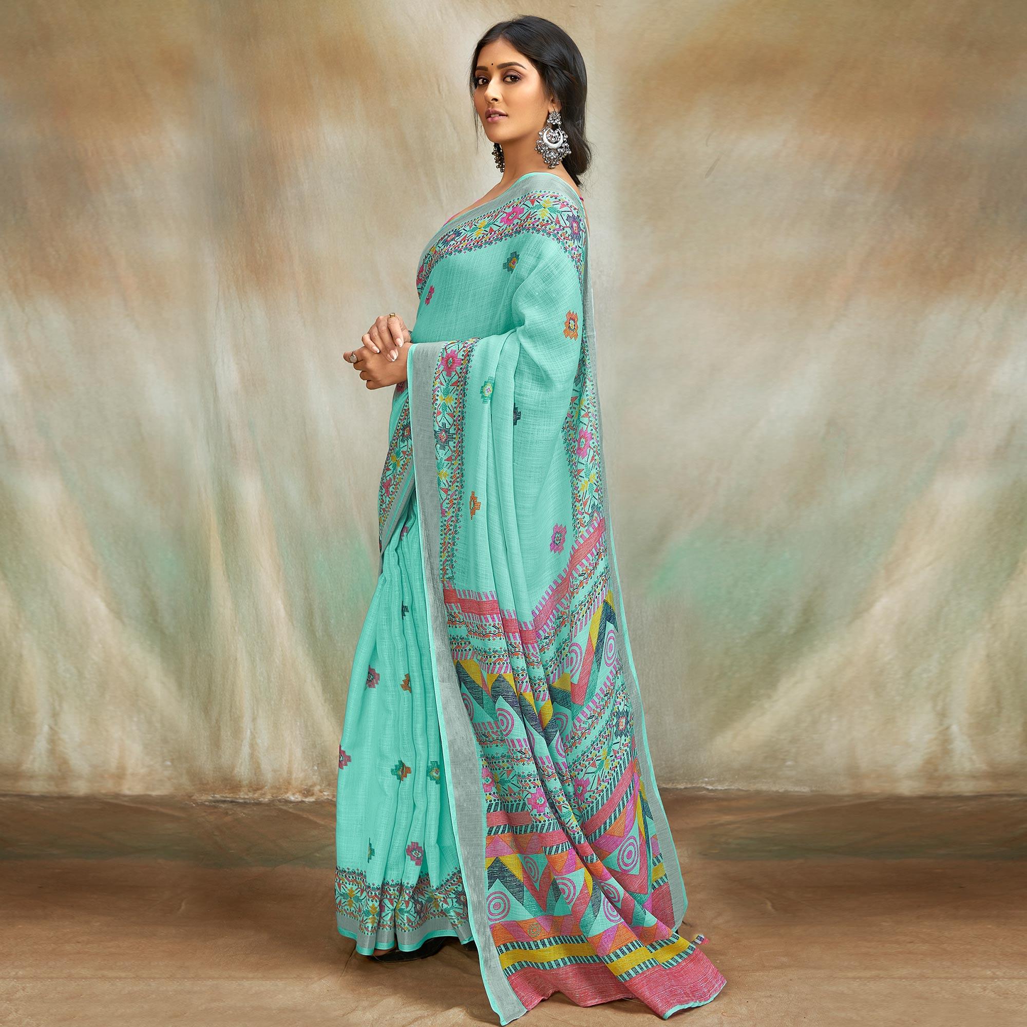Turquoise Casual Wear Printed Pure Linen Saree - Peachmode