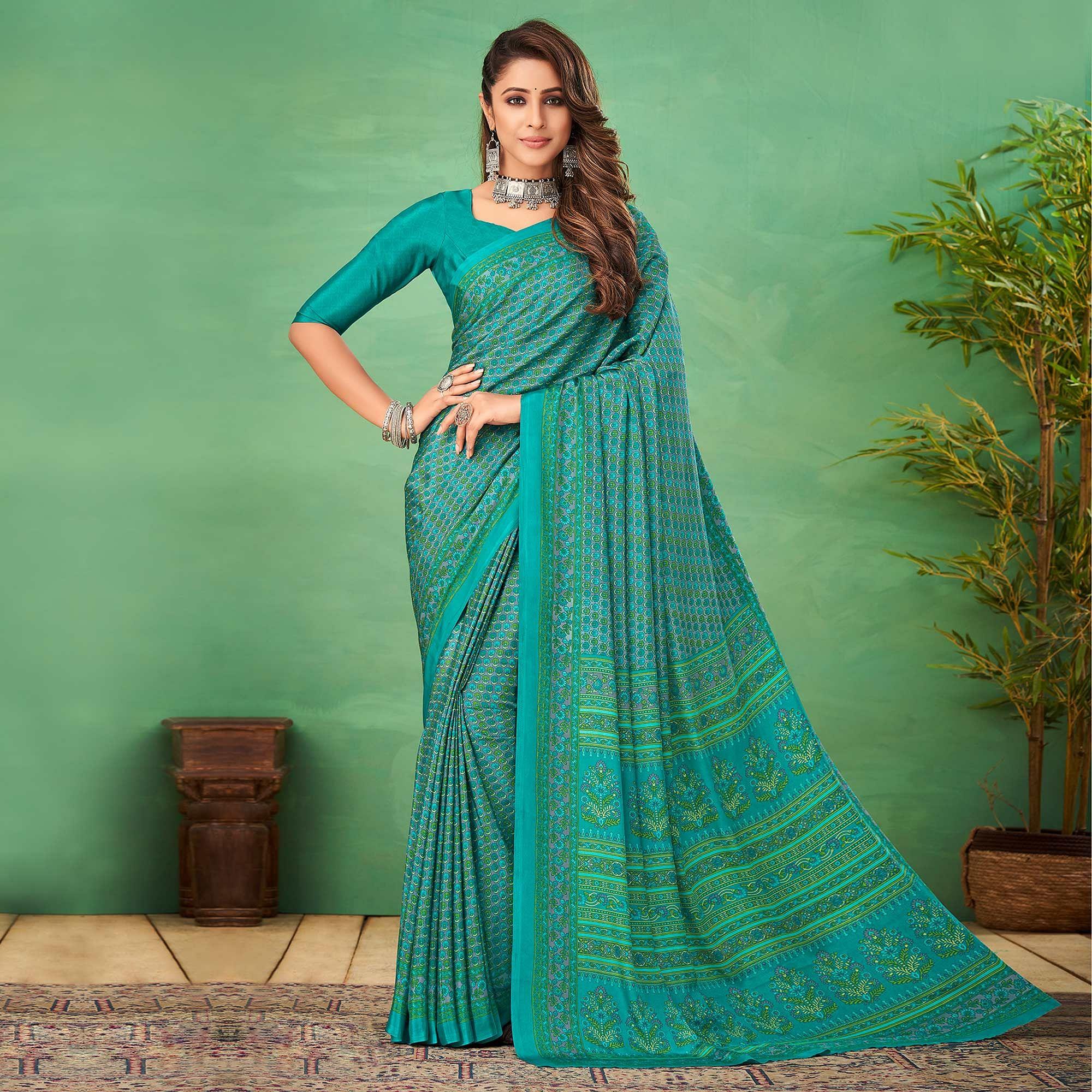 Turquoise Casual Wear Printed Silk Saree - Peachmode