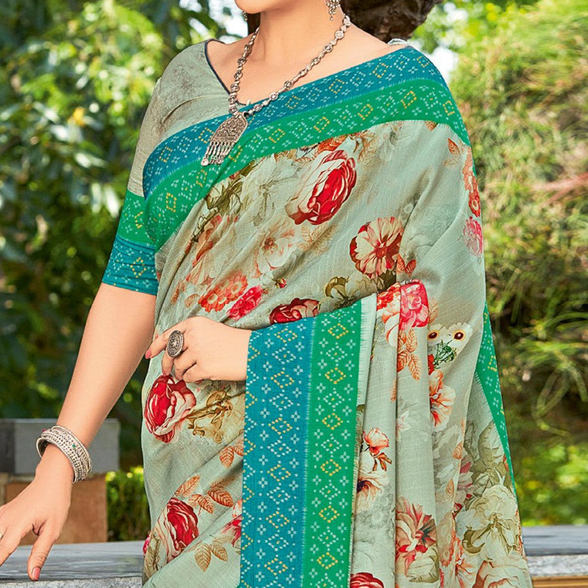 Turquoise Casual Wear Printed Silk Saree - Peachmode