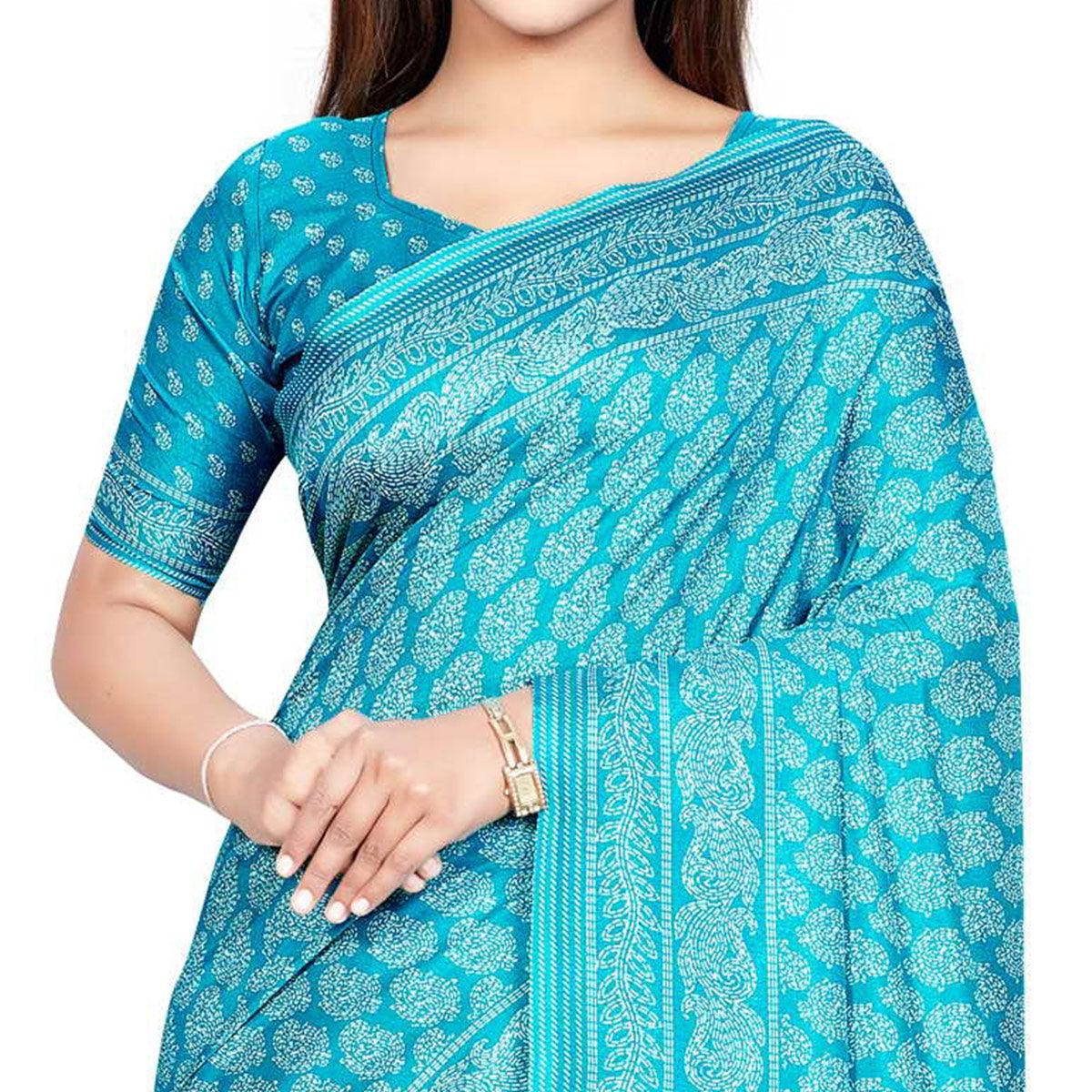 Turquoise Casual Wear Printed Silk Saree - Peachmode