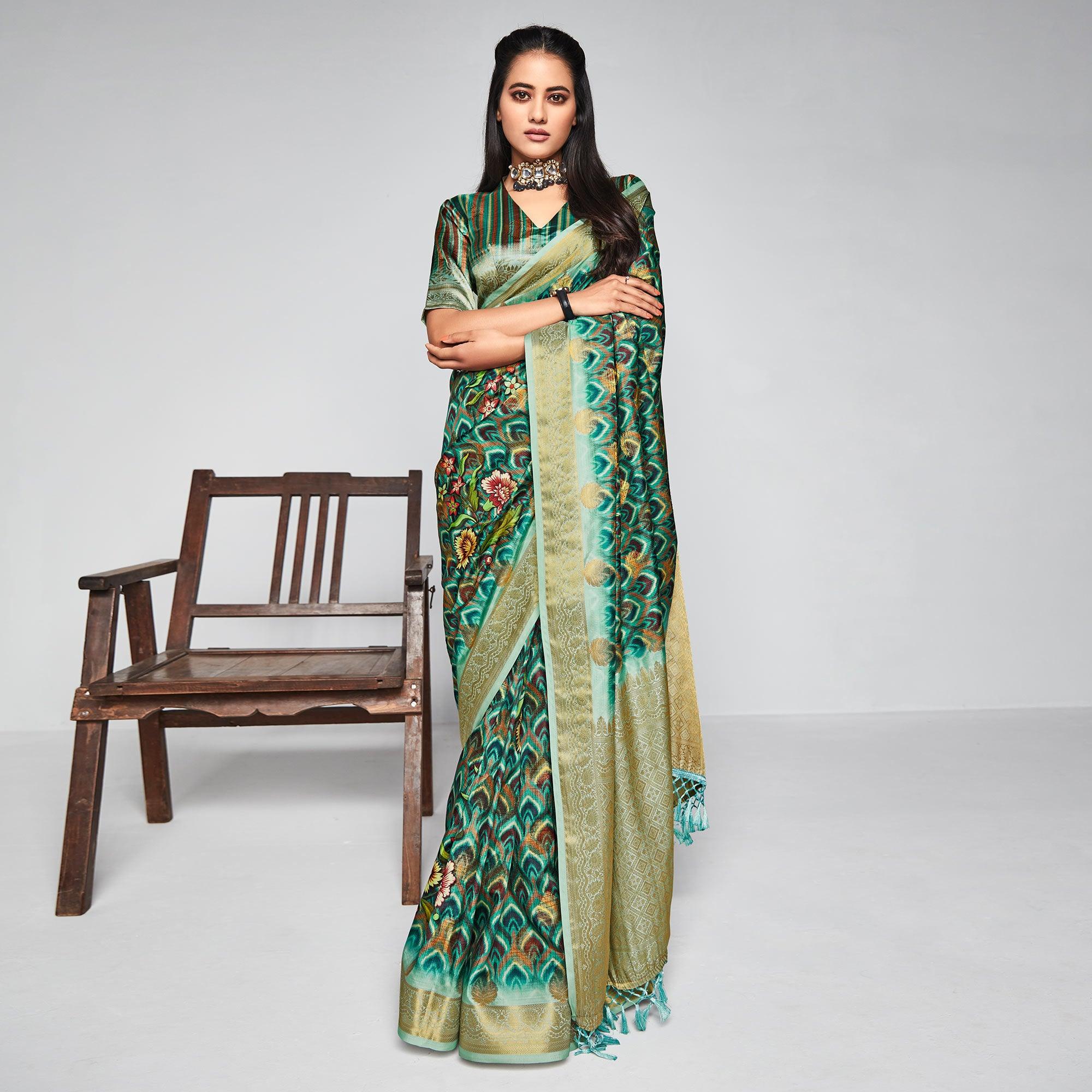 Turquoise Casual Wear Printed Soft Art Silk Saree - Peachmode