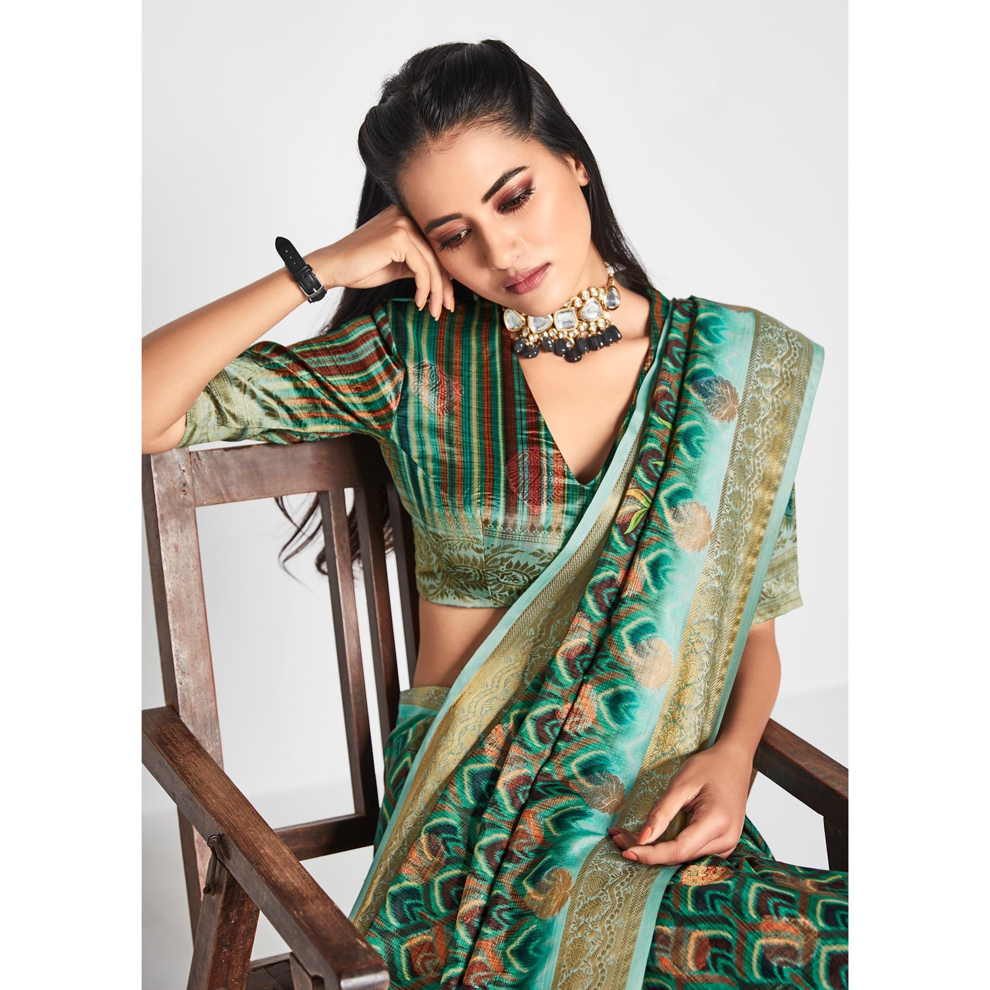 Turquoise Casual Wear Printed Soft Art Silk Saree - Peachmode
