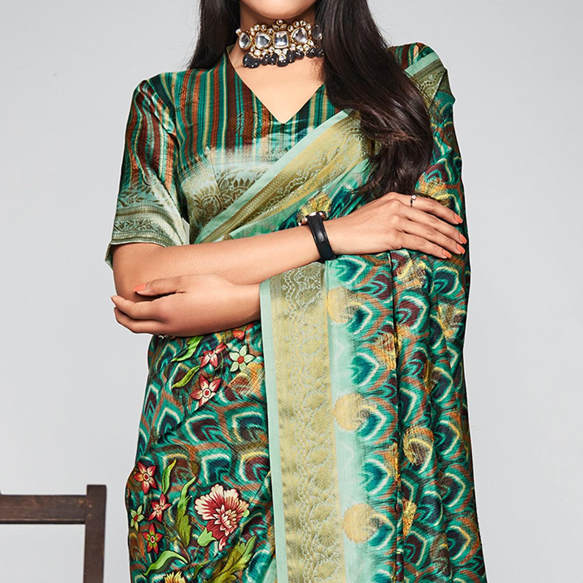 Turquoise Casual Wear Printed Soft Art Silk Saree - Peachmode