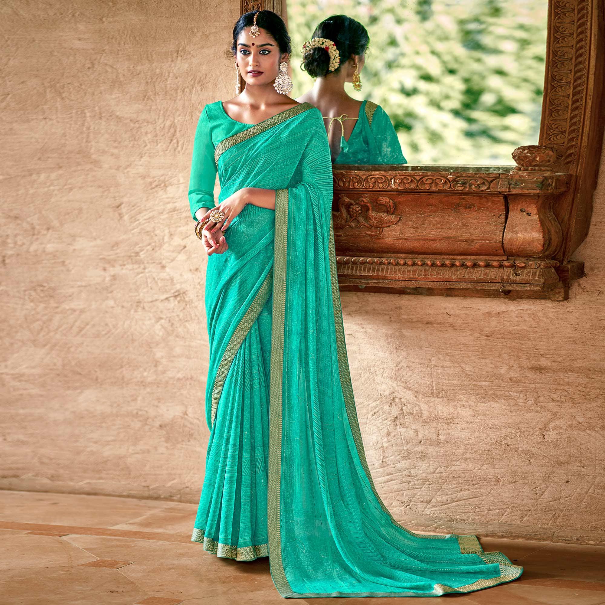 Turquoise Casual Wear Printed With Fancy Lace Georgette Saree - Peachmode
