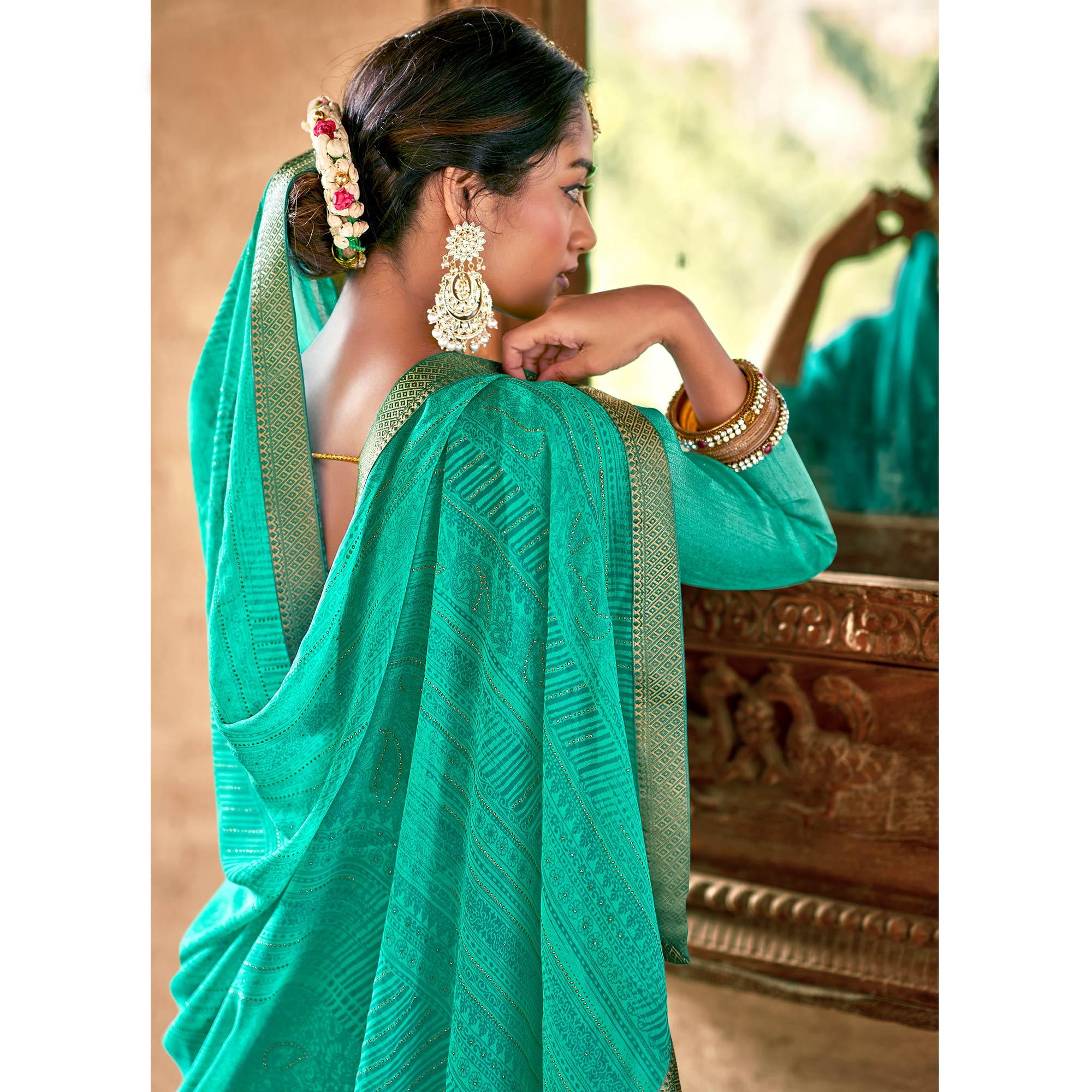 Turquoise Casual Wear Printed With Fancy Lace Georgette Saree - Peachmode
