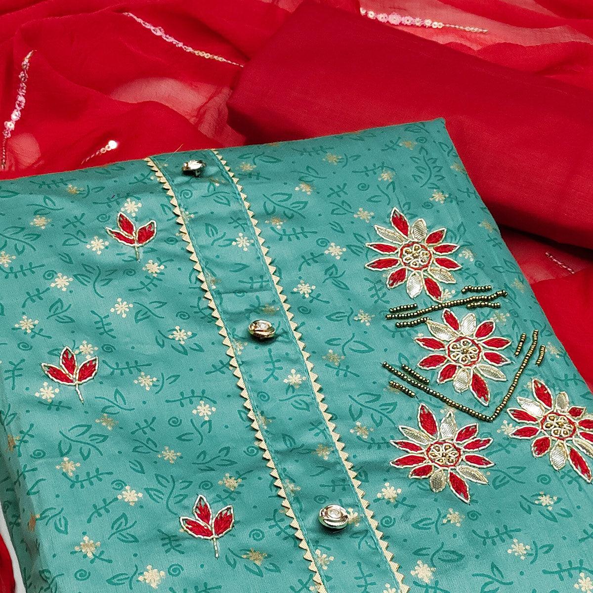 Turquoise Casual Wear Sequence & Printed Cotton Dress Material - Peachmode