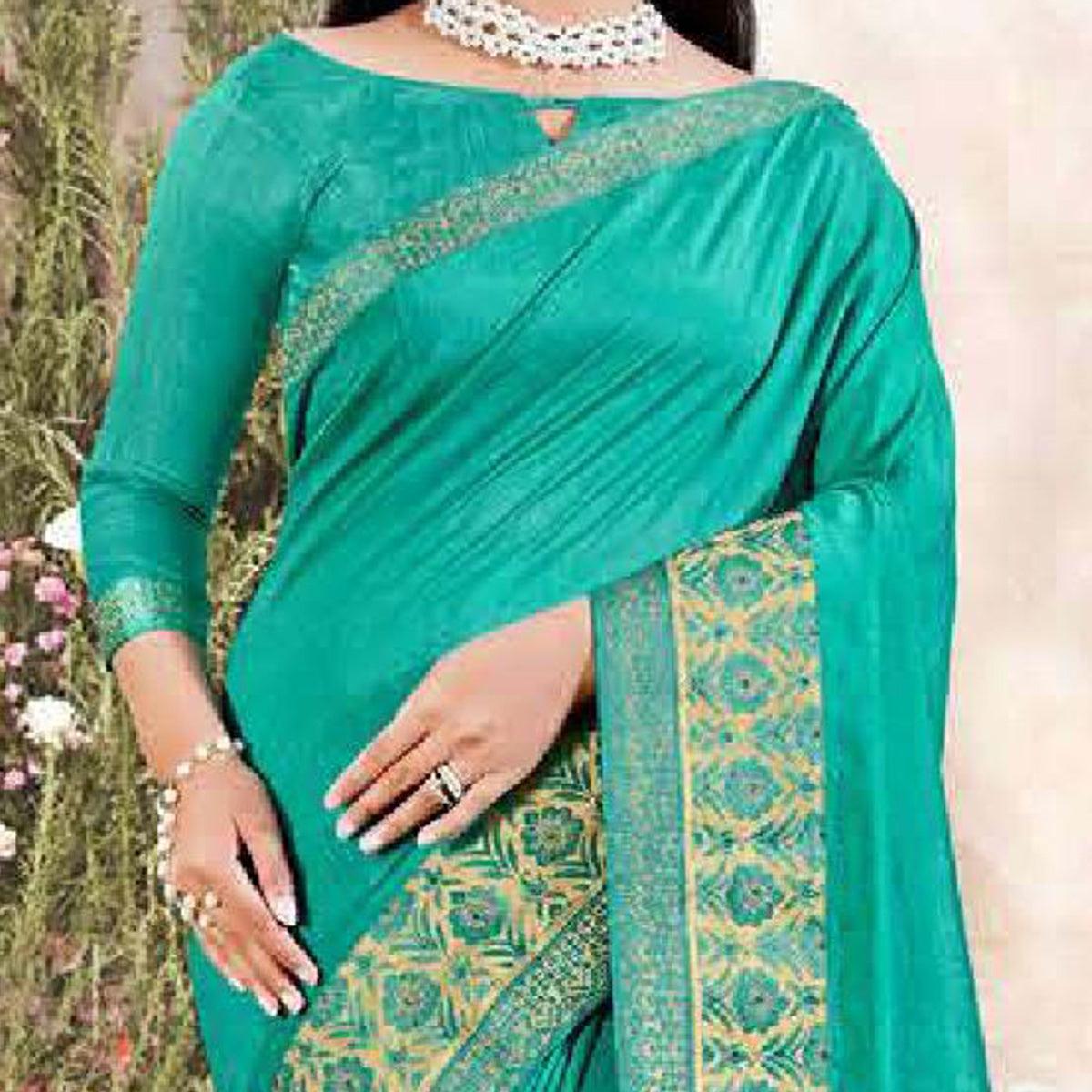 Turquoise Casual Wear Solid Silk Saree With Fancy Border - Peachmode