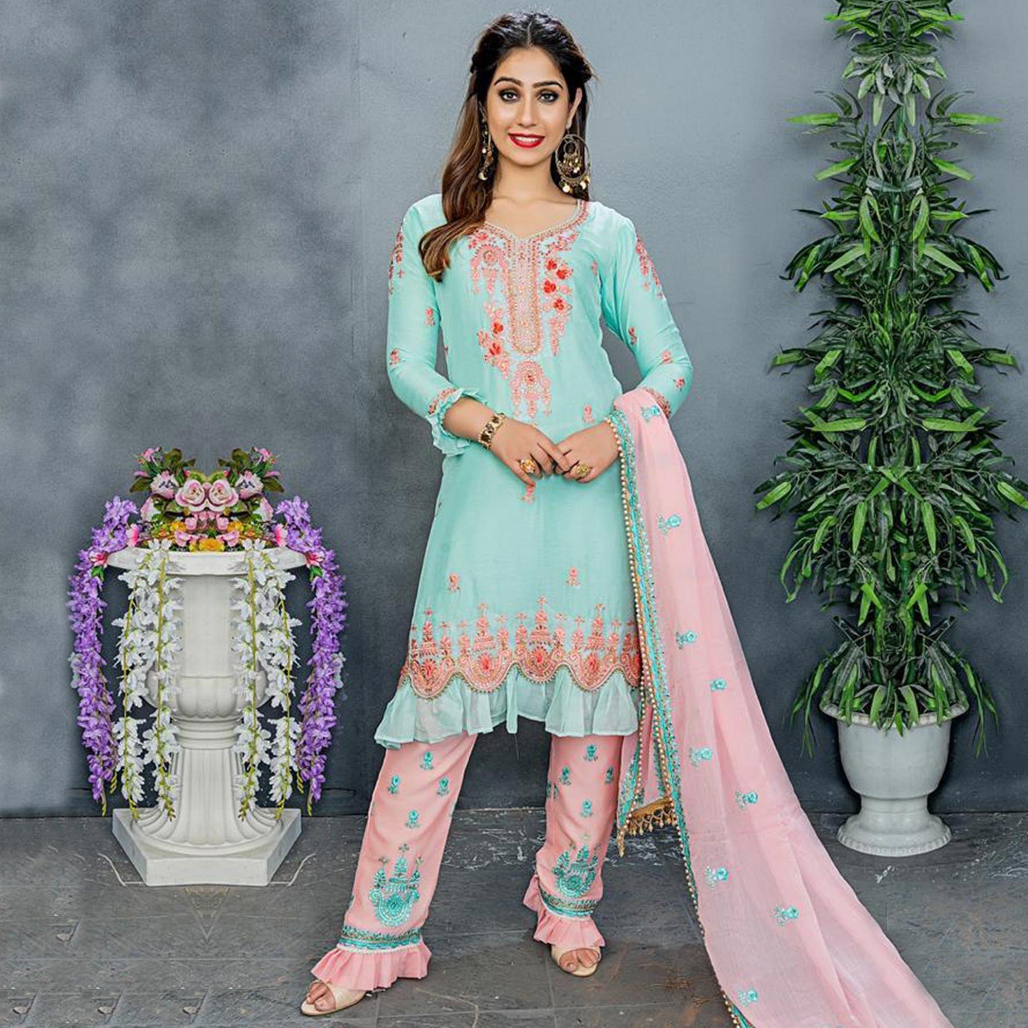 Turquoise Colored Party Wear Embroidered Silk Pant Style Suit - Peachmode