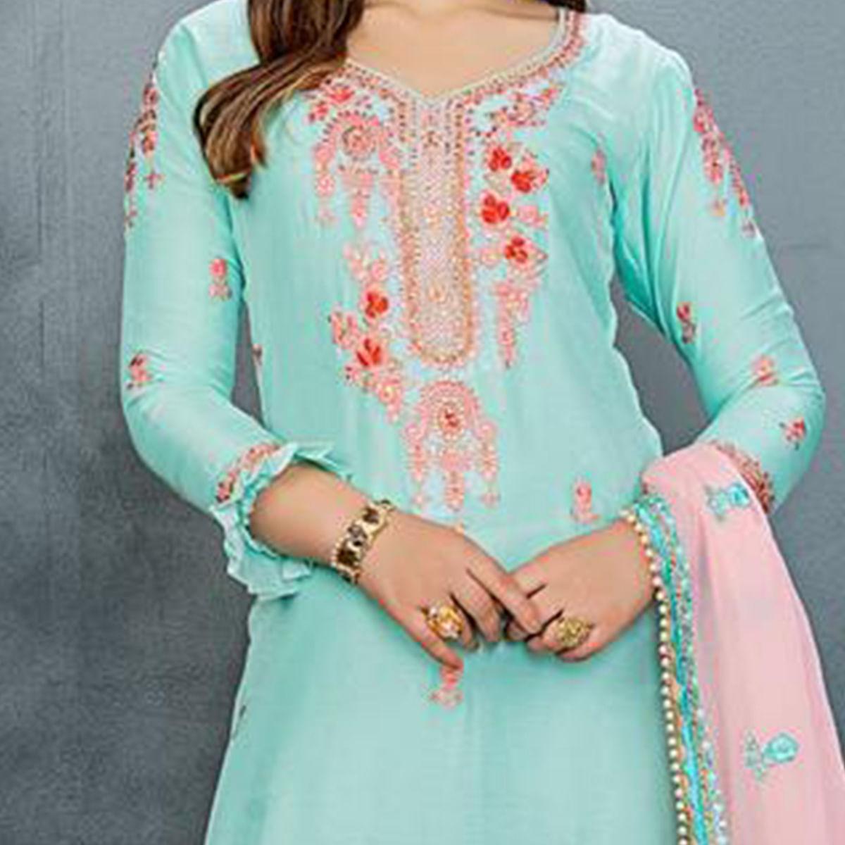 Turquoise Colored Party Wear Embroidered Silk Pant Style Suit - Peachmode