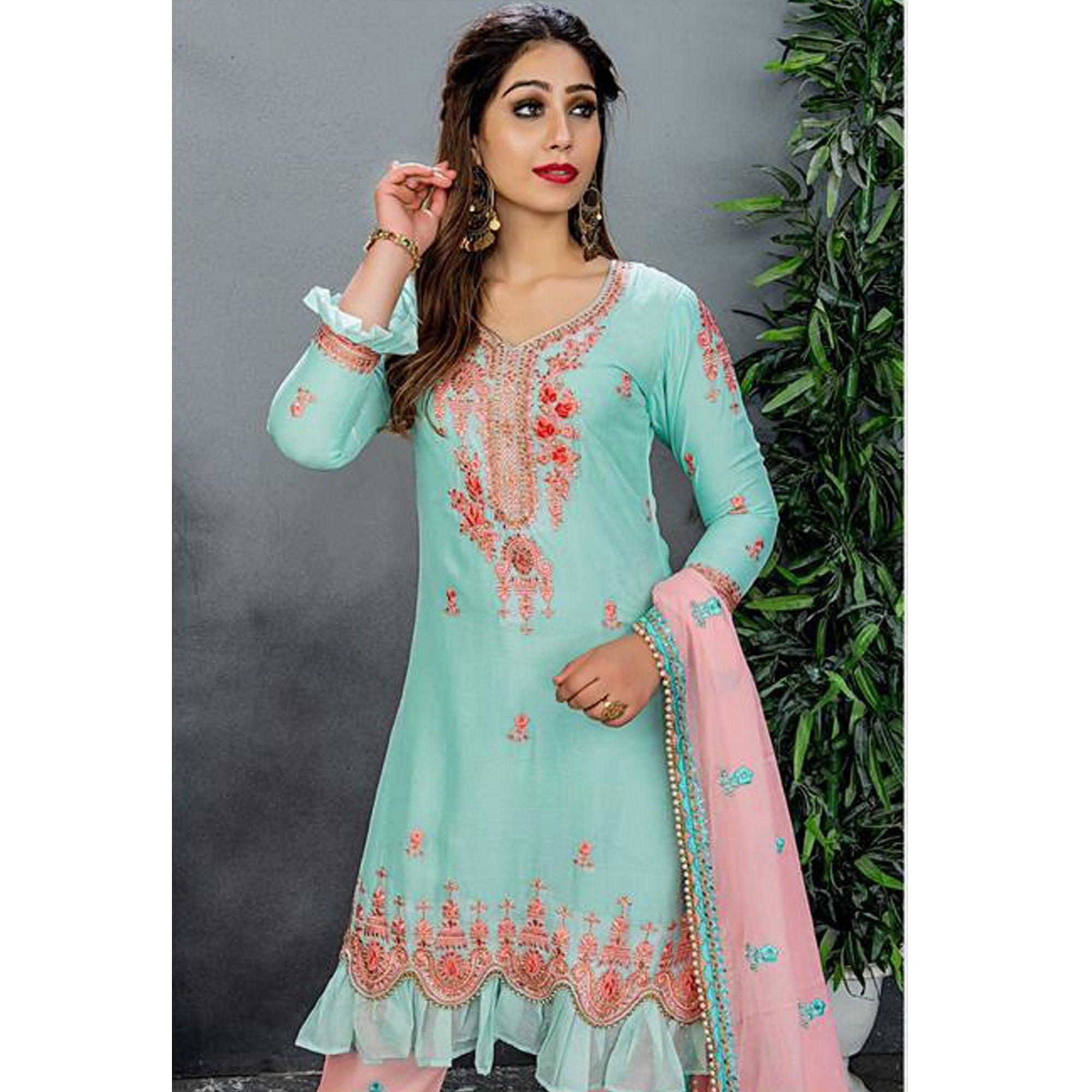 Peach Embellished With Embroidered Georgette Sharara Suit