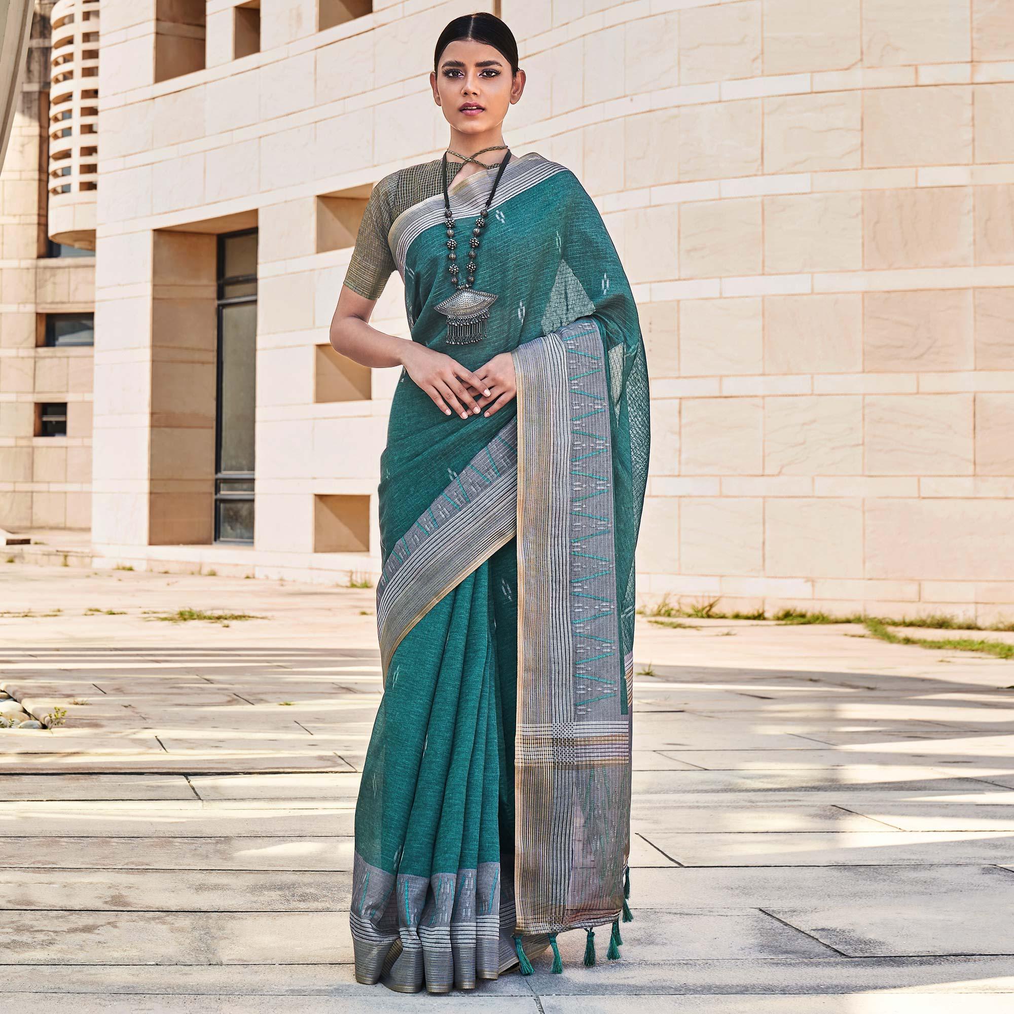 Turquoise Digital Printed Art Silk Saree With Tassels - Peachmode