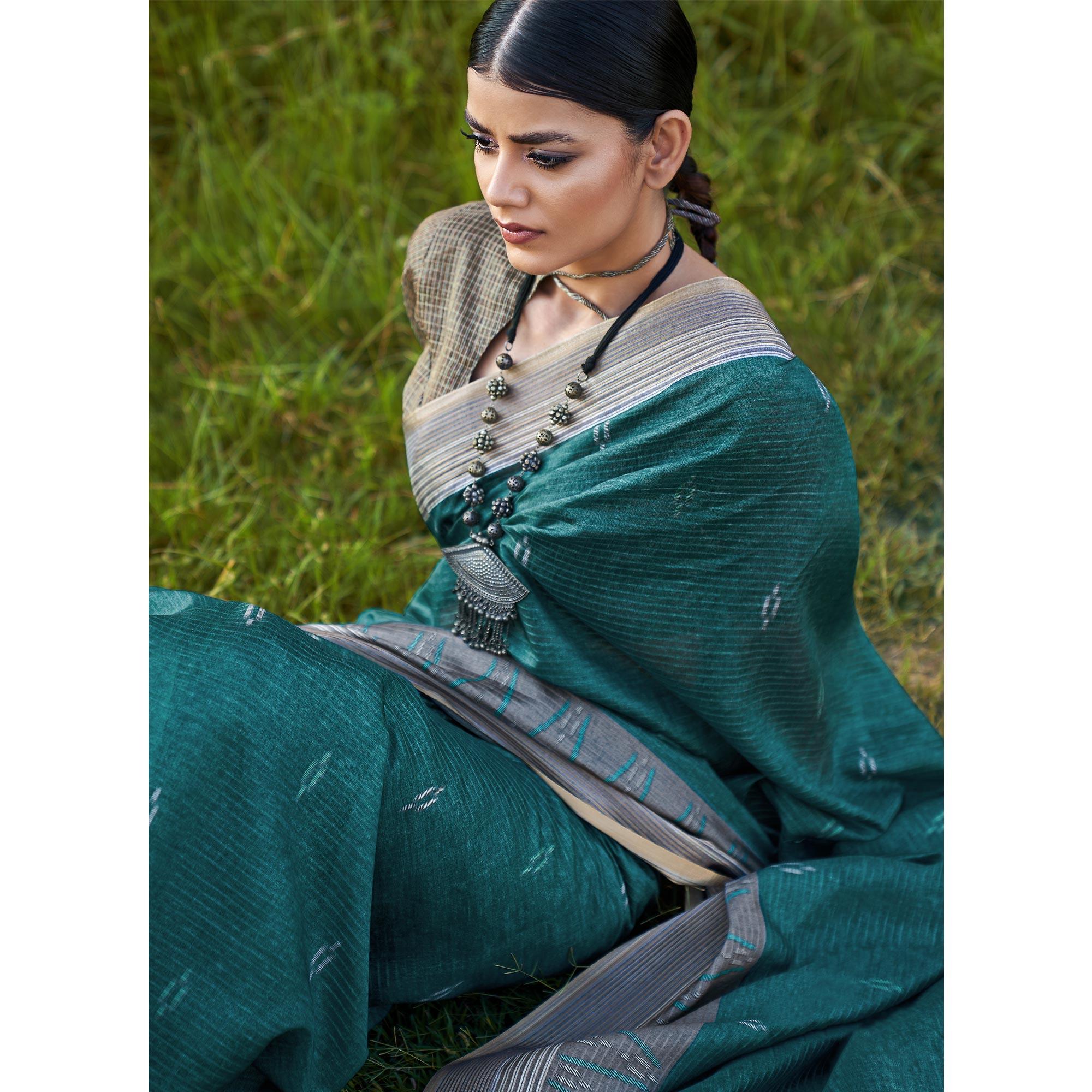 Turquoise Digital Printed Art Silk Saree With Tassels - Peachmode