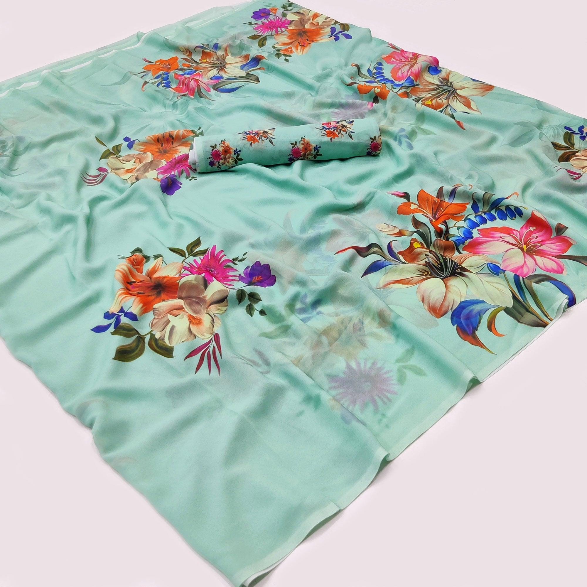 Turquoise Digital Printed Georgette Saree - Peachmode