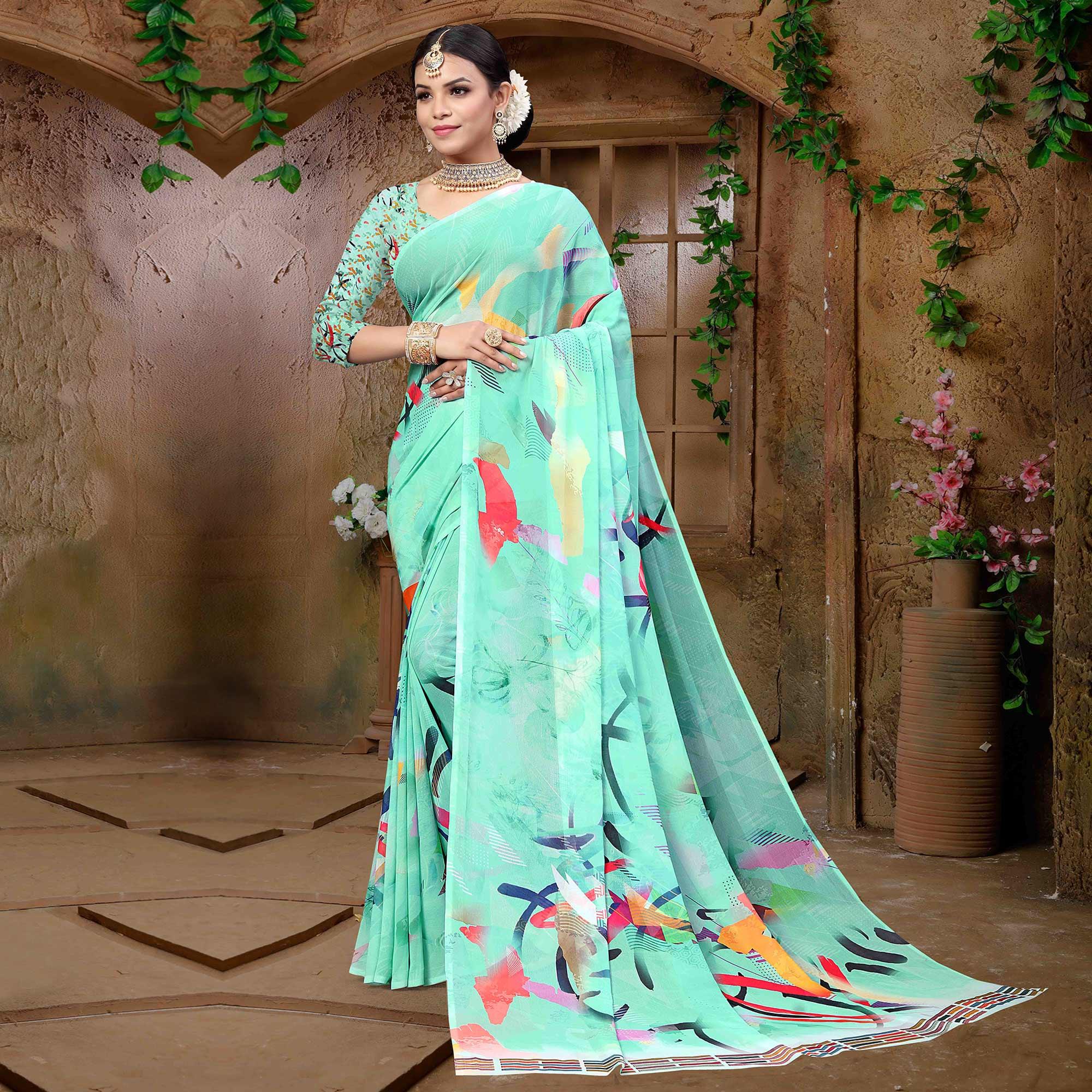 Turquoise Digital Printed Georgette Saree - Peachmode