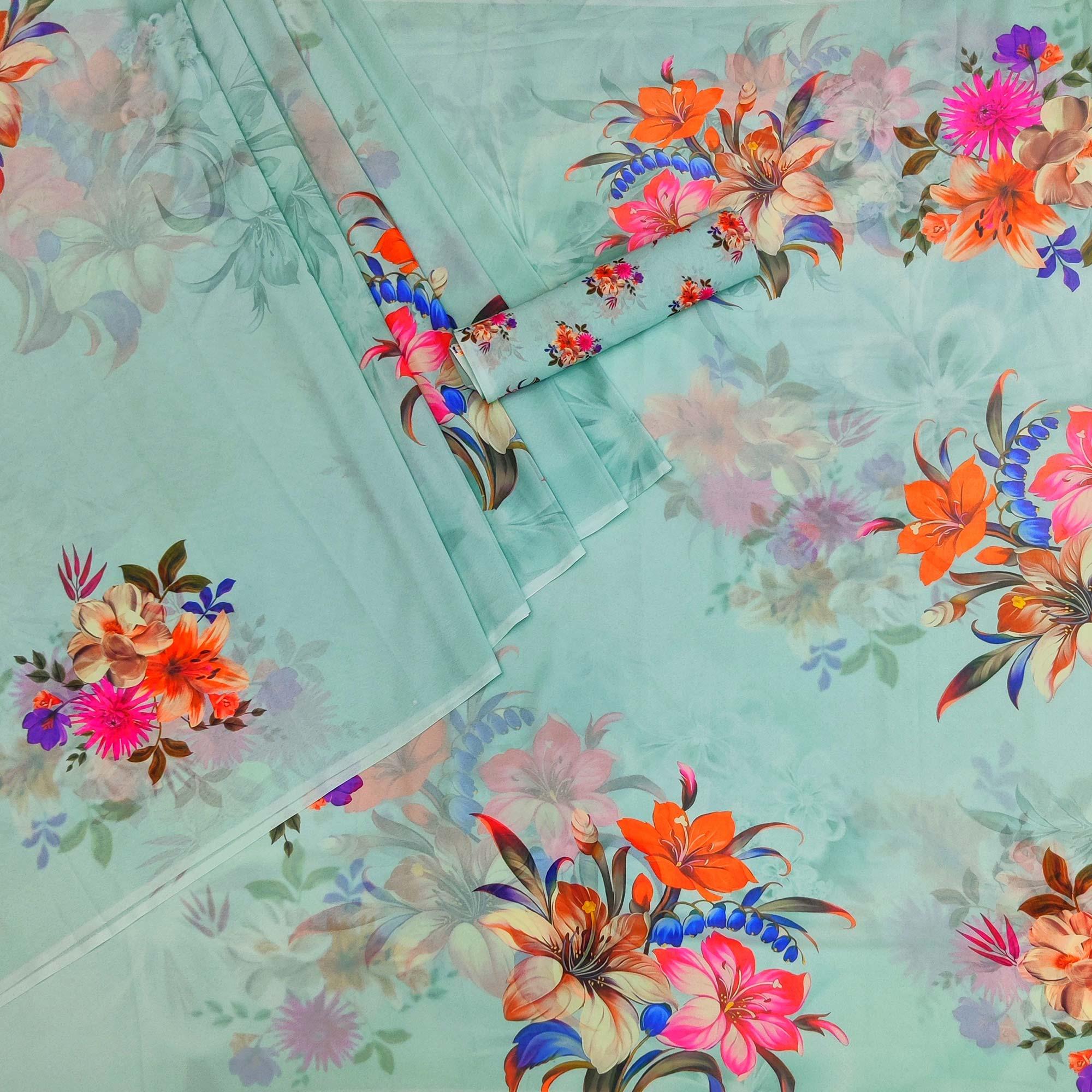 Turquoise Digital Printed Georgette Saree - Peachmode