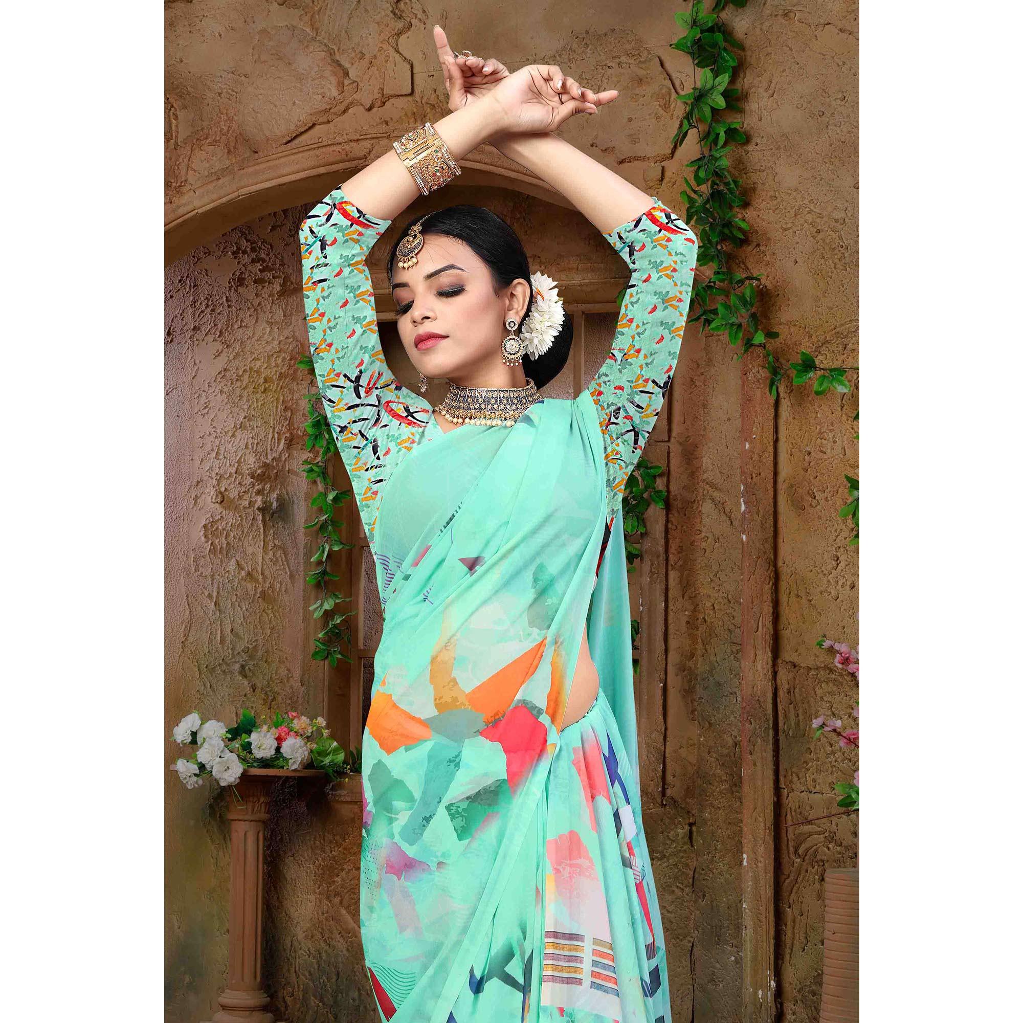 Turquoise Digital Printed Georgette Saree - Peachmode