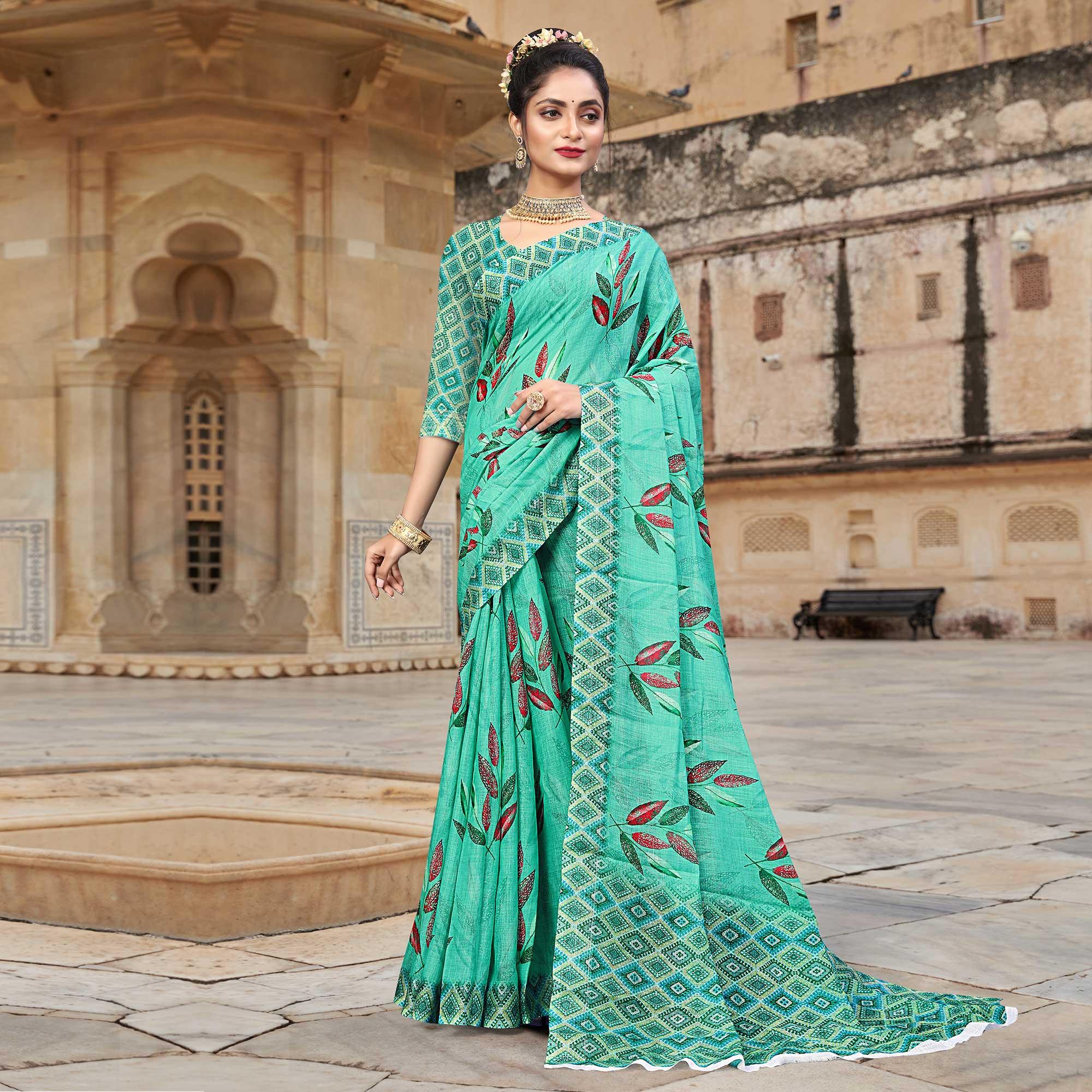 Turquoise Digital Printed Linen Saree - Peachmode