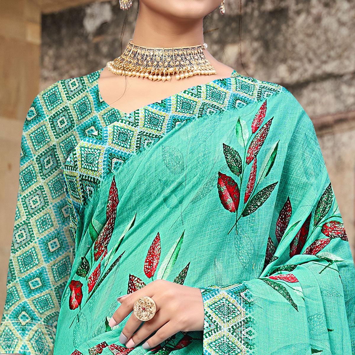 Turquoise Digital Printed Linen Saree - Peachmode