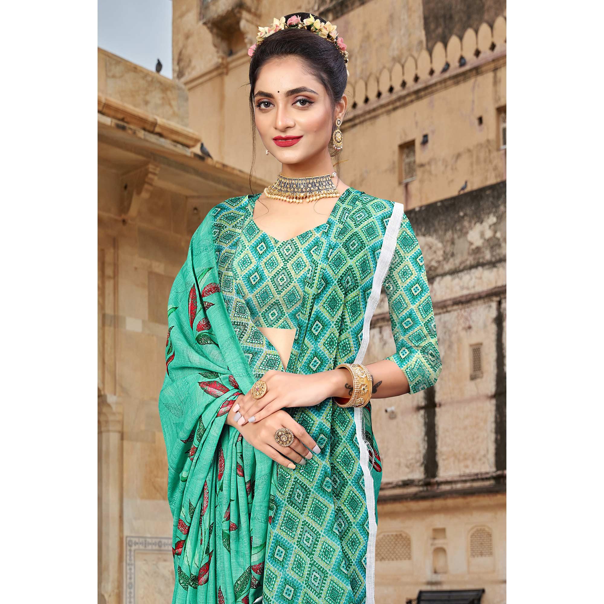 Turquoise Digital Printed Linen Saree - Peachmode