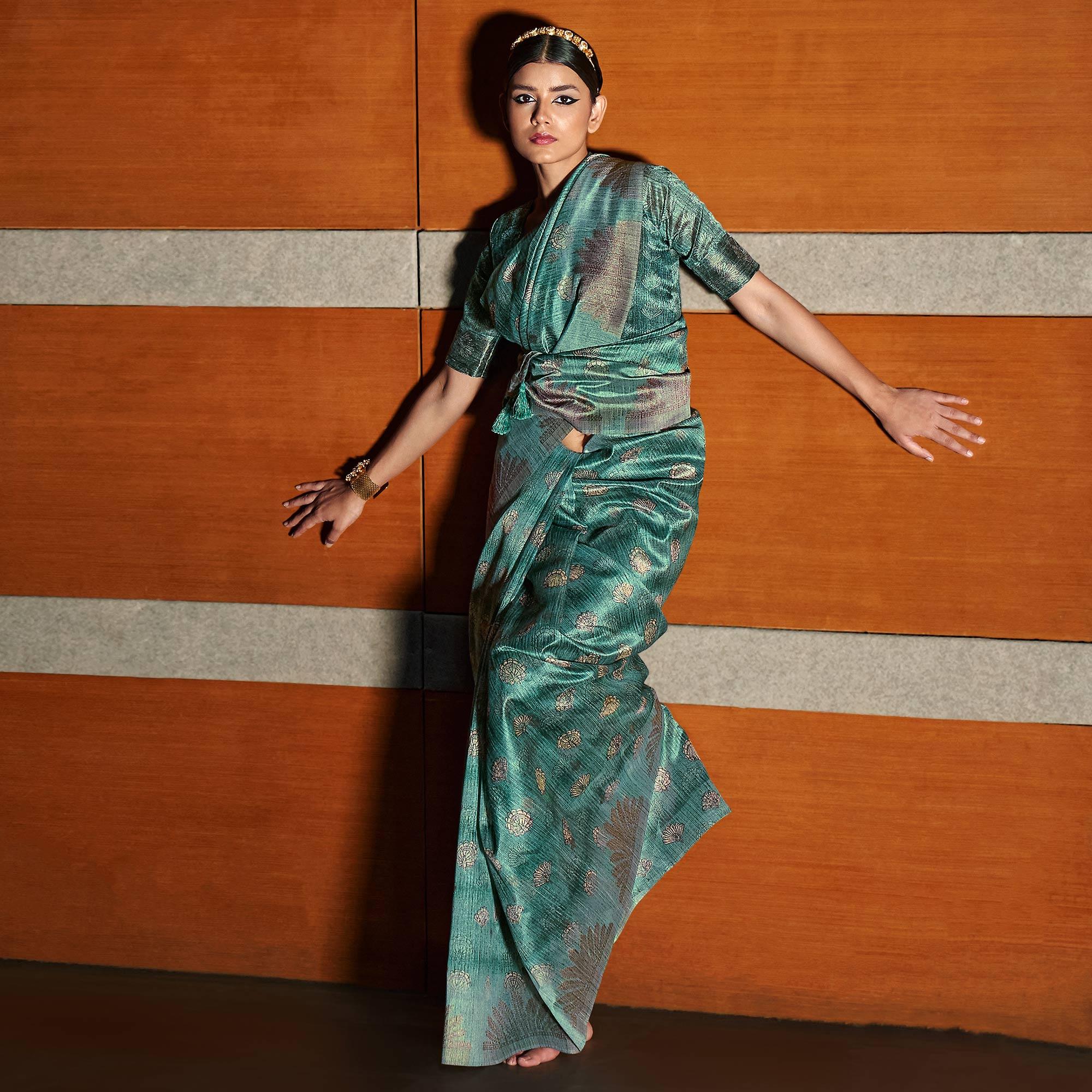 Turquoise digital Printed Raw Silk Saree With Tassels - Peachmode