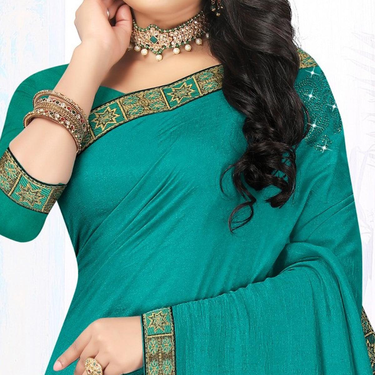 Turquoise Embellished Vichitra Silk Saree - Peachmode