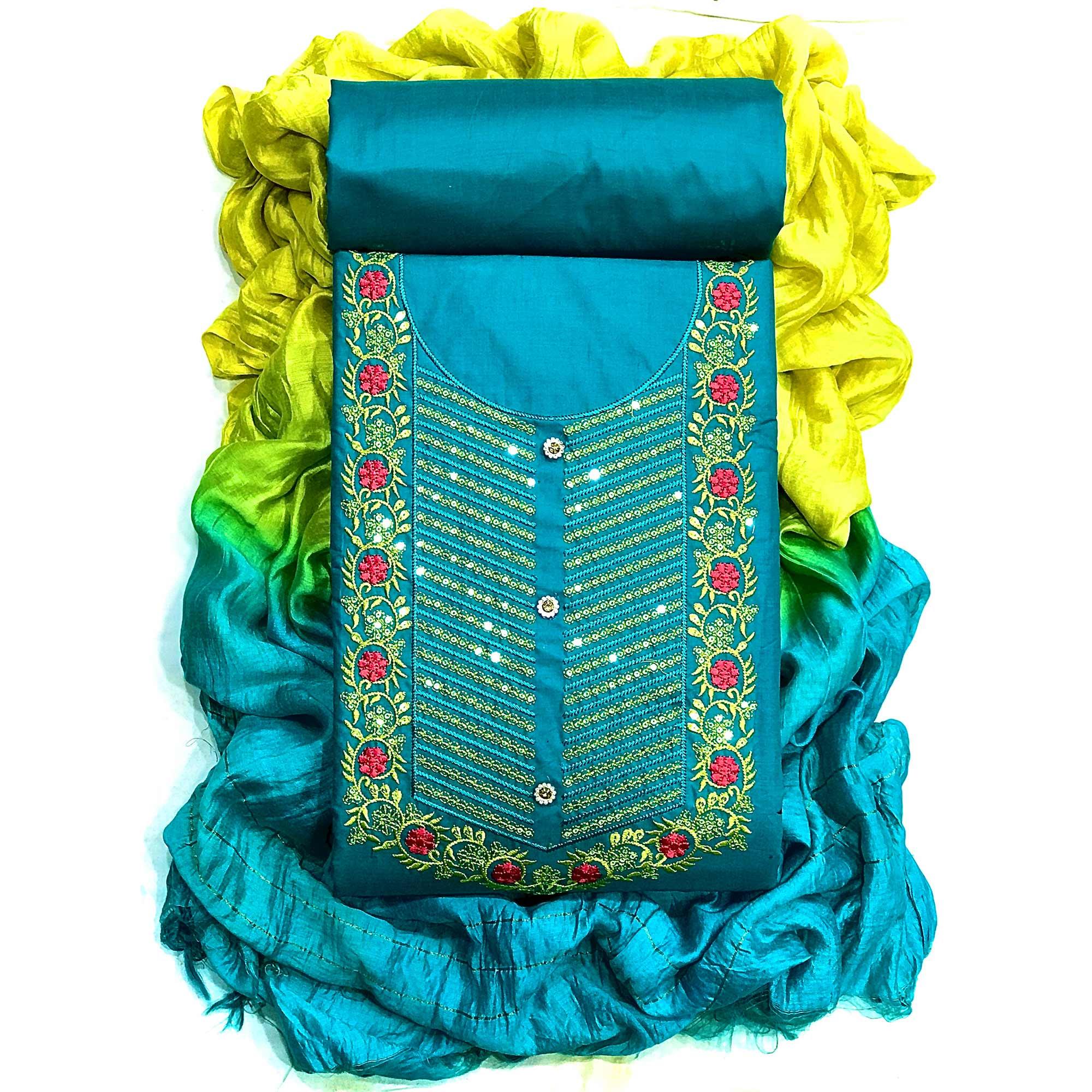 Turquoise Embellished With Embroidered Cotton Blend Dress Material - Peachmode