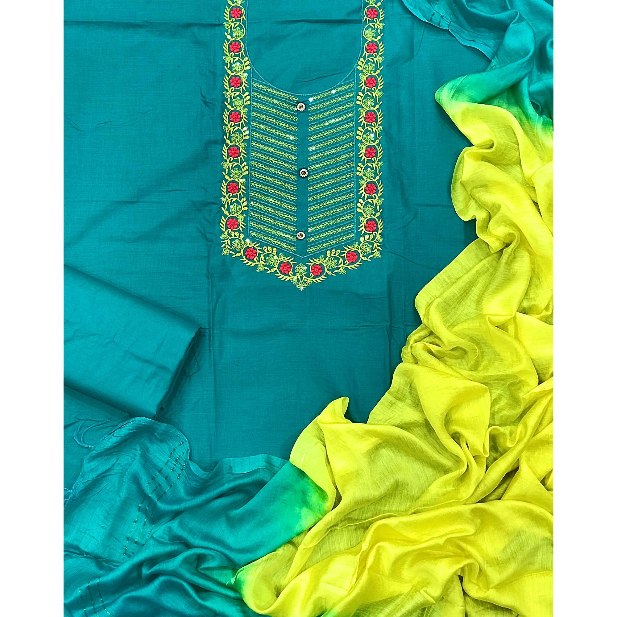 Turquoise Embellished With Embroidered Cotton Blend Dress Material - Peachmode