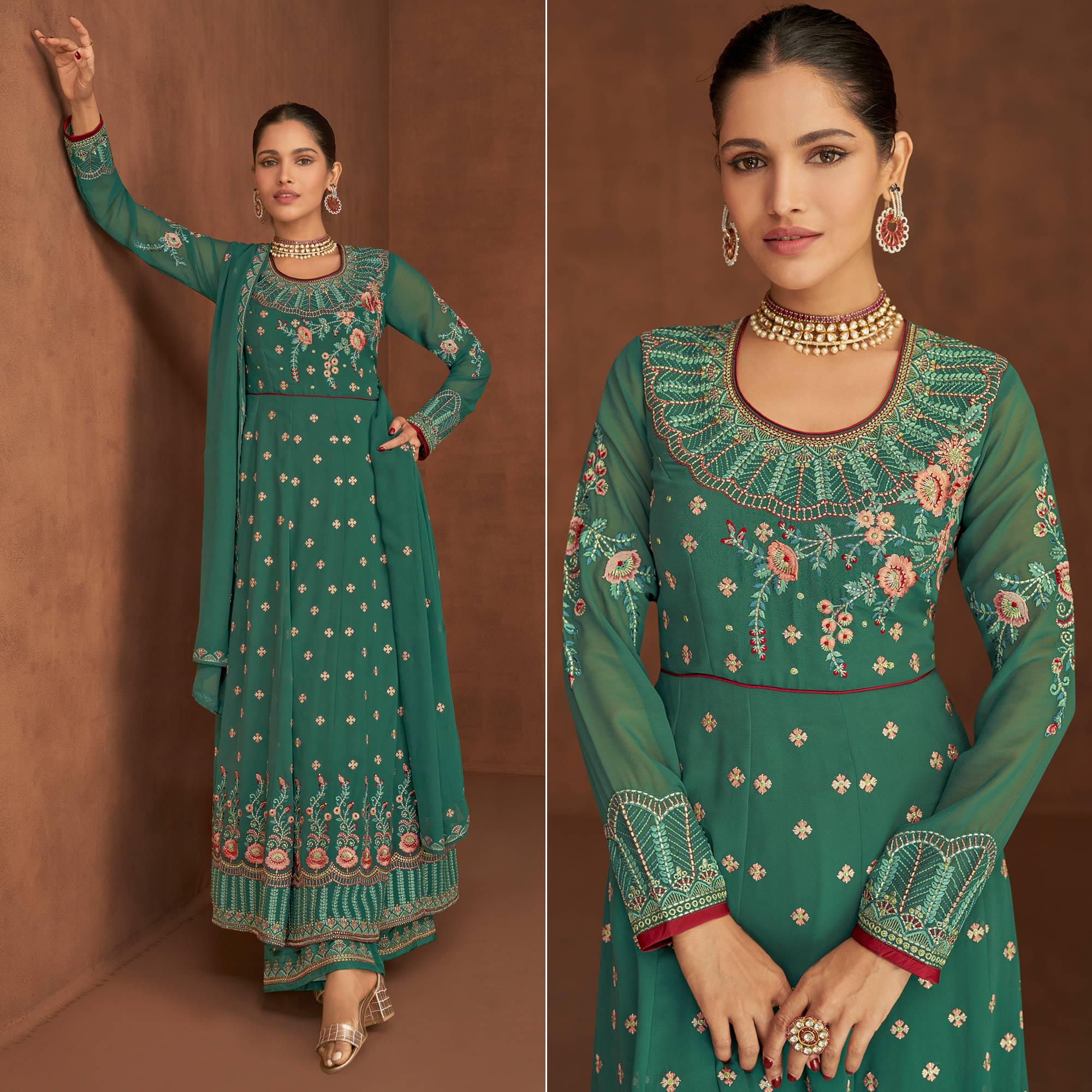 Turquoise Embellished With Embroidered Georgette Palazzo Suit - Peachmode
