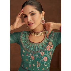 Turquoise Embellished With Embroidered Georgette Palazzo Suit - Peachmode