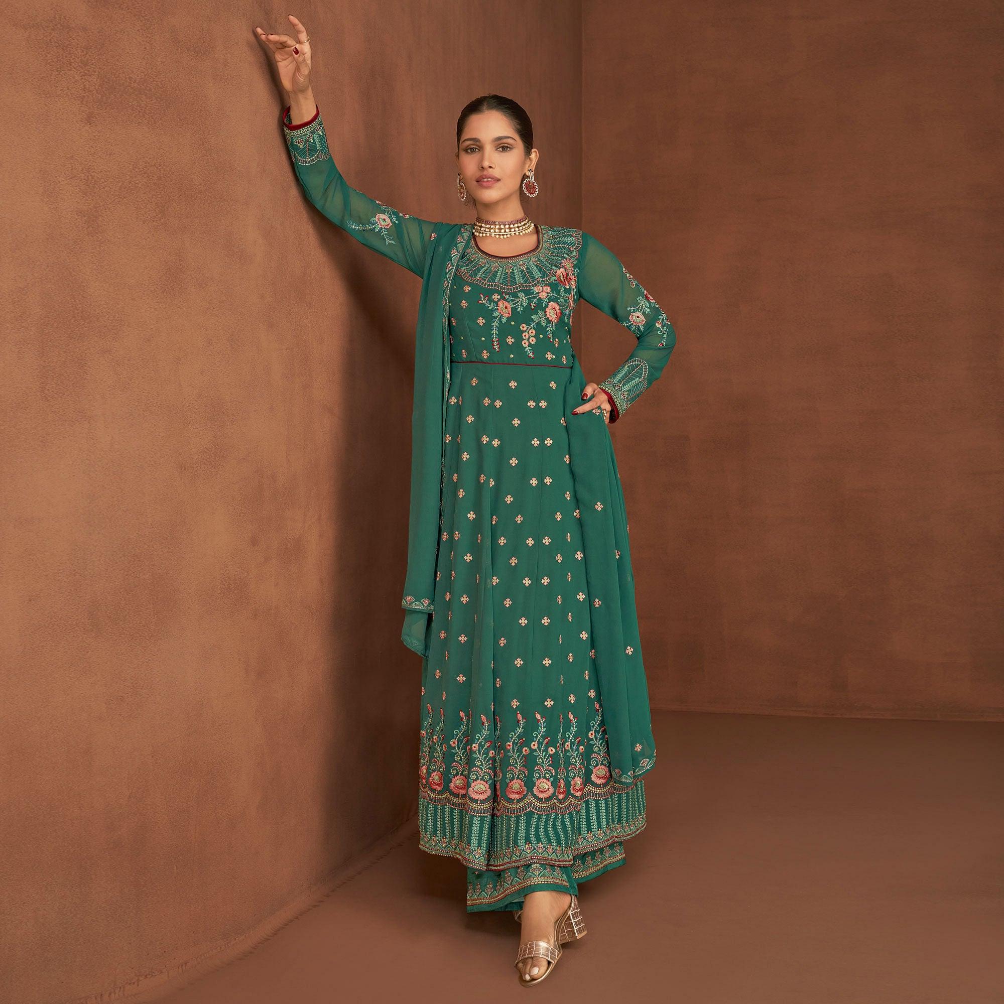Turquoise Embellished With Embroidered Georgette Palazzo Suit - Peachmode