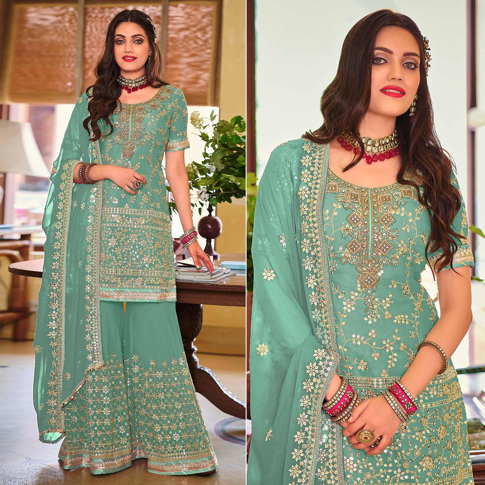 Turquoise Embellished With Embroidered Georgette Sharara Suit - Peachmode