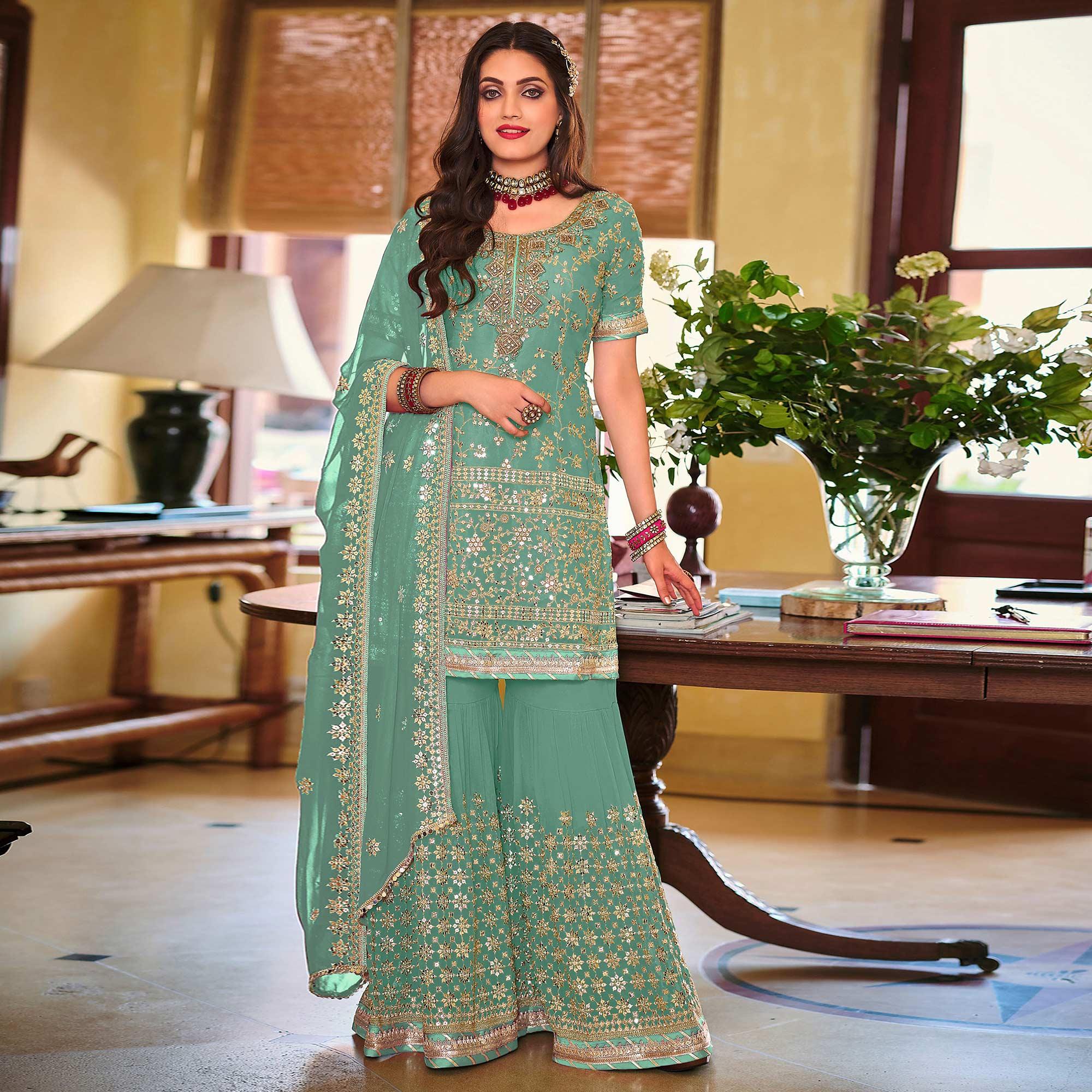 Turquoise Embellished With Embroidered Georgette Sharara Suit - Peachmode