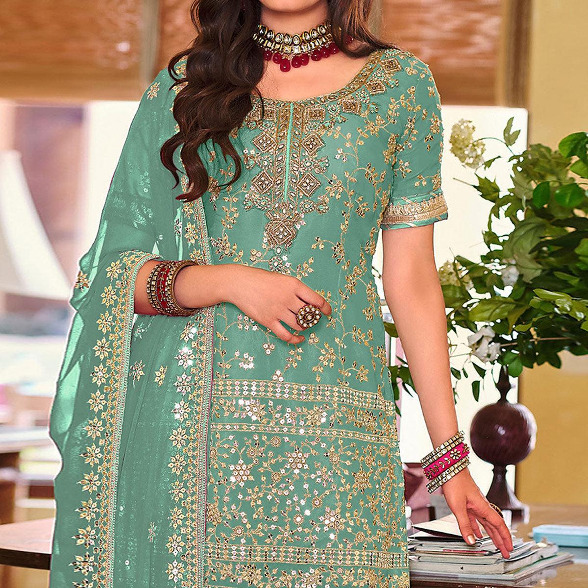 Turquoise Embellished With Embroidered Georgette Sharara Suit - Peachmode