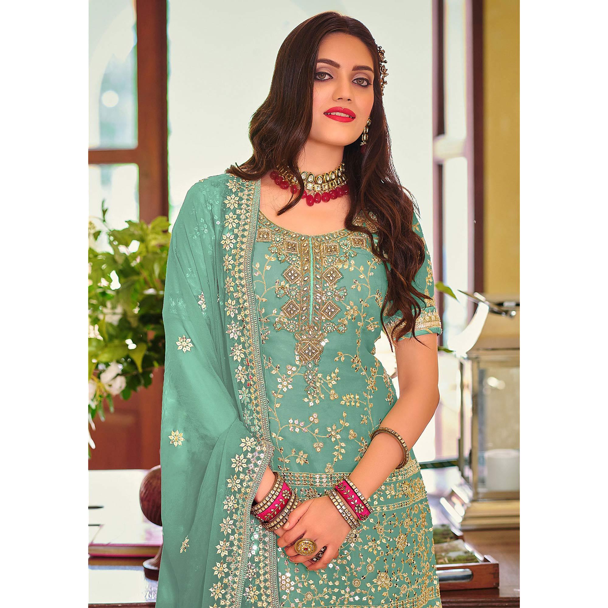 Turquoise Embellished With Embroidered Georgette Sharara Suit - Peachmode